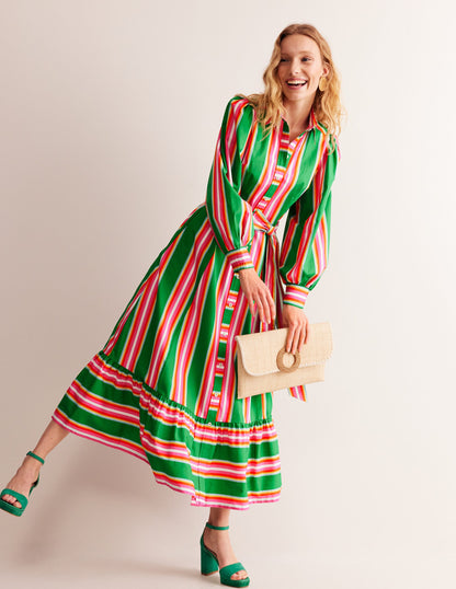 Cotton Midi Shirt Dress-Green Tambourine, Pink Stripe-1