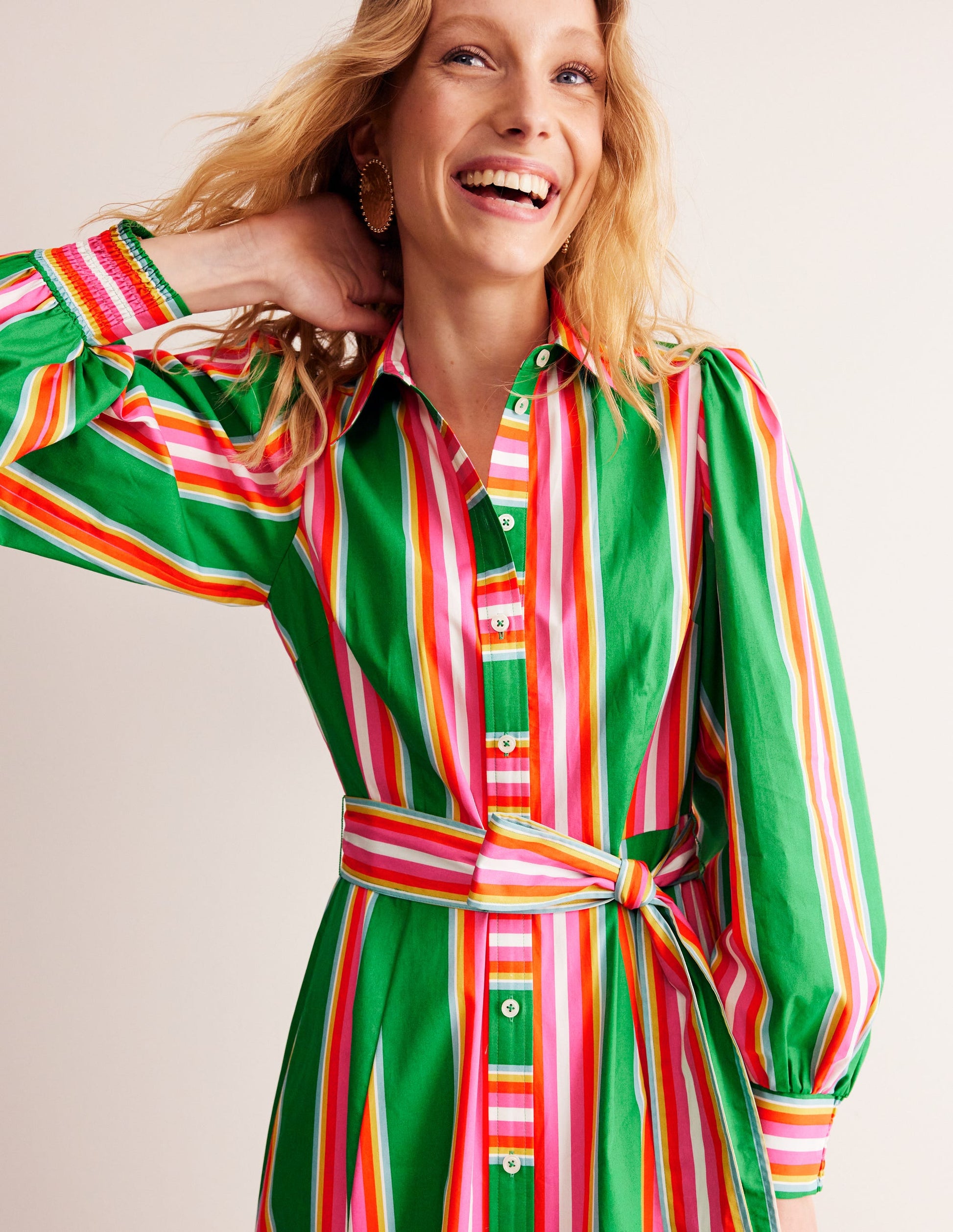Cotton Midi Shirt Dress-Green Tambourine, Pink Stripe-4