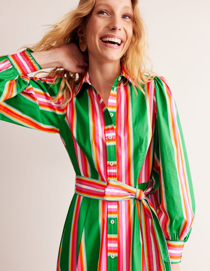Cotton Midi Shirt Dress-Green Tambourine, Pink Stripe-4