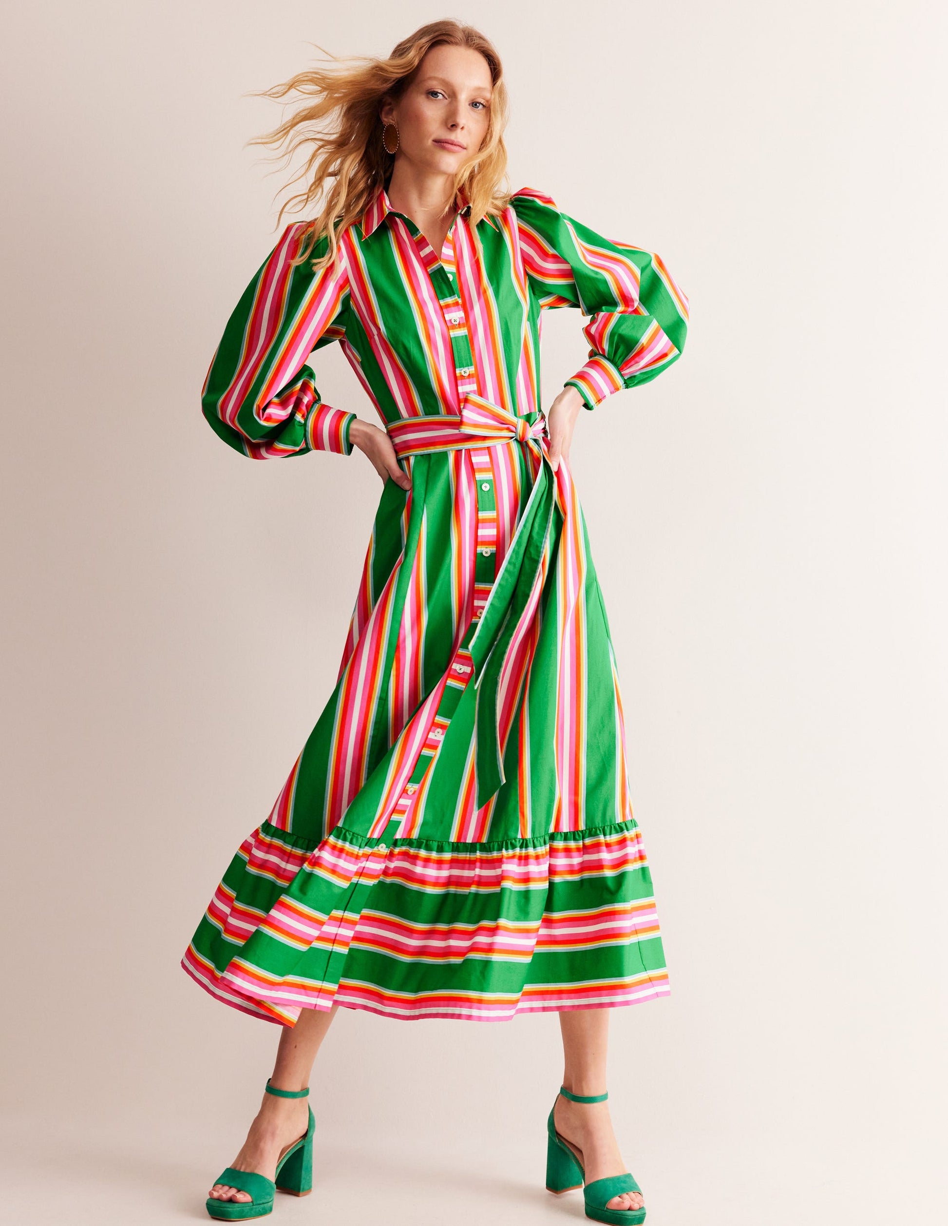 Cotton Midi Shirt Dress-Green Tambourine, Pink Stripe-5