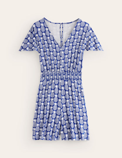 Smocked Jersey Playsuit-Surf the Web, Pineapple