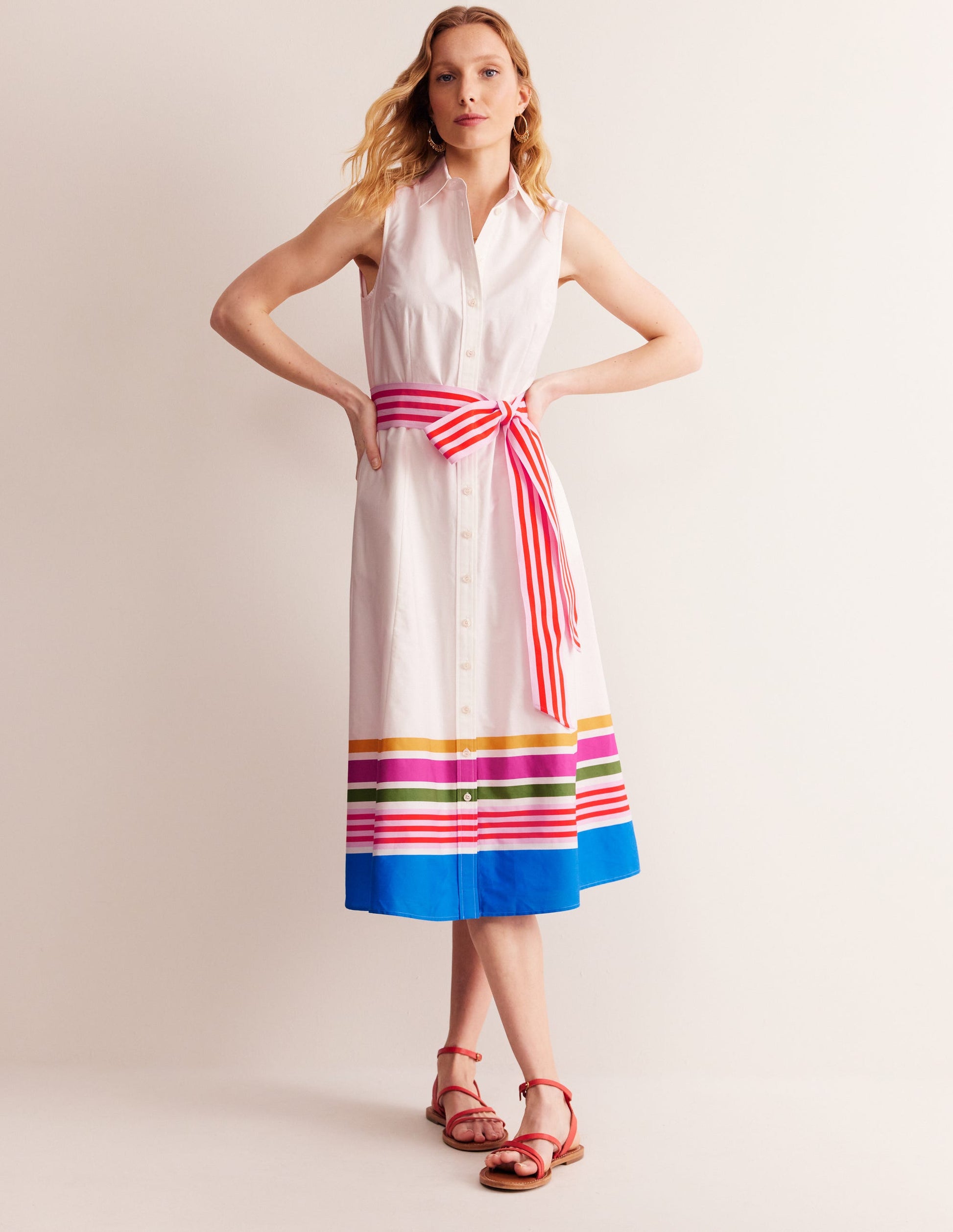 Kate Sleeveless Shirt Dress-Ivory and Multistripe-1