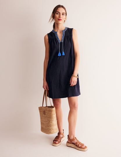 Nadine Notch Cotton Dress-Navy