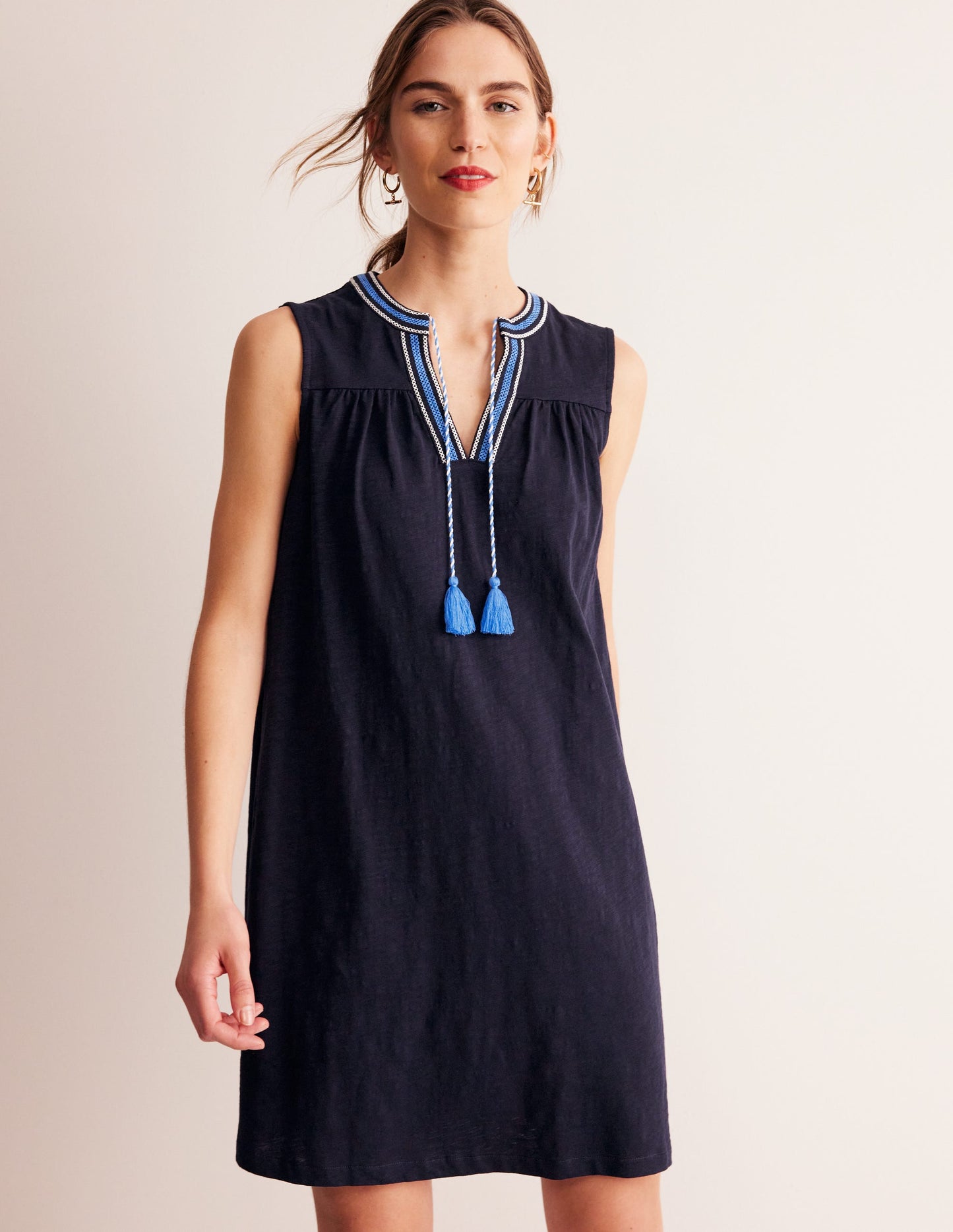 Nadine Notch Cotton Dress-Navy