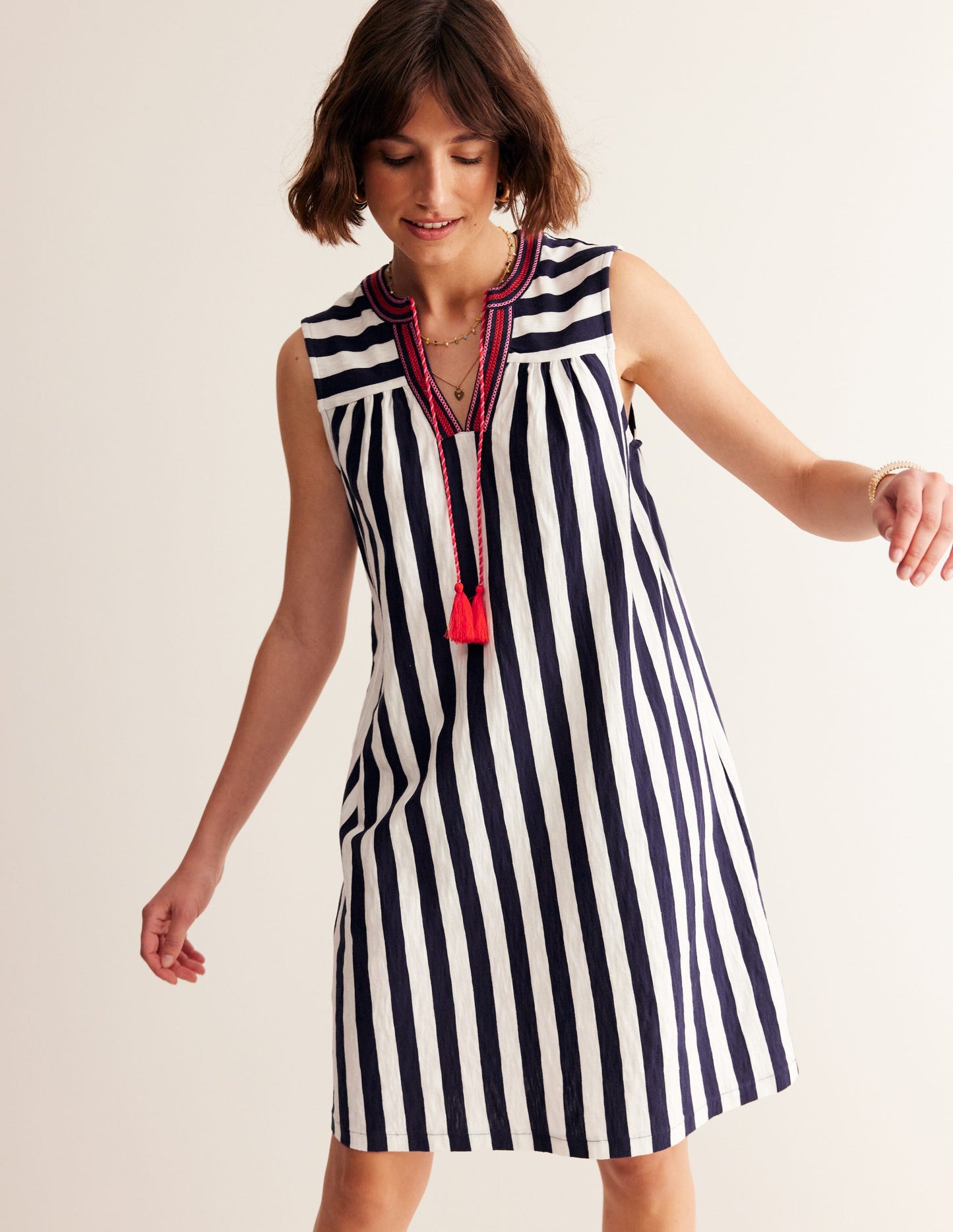 Nadine Notch Cotton Dress-Navy, Ivory Stripe