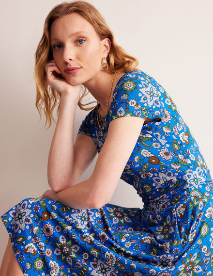 Amelie Jersey Dress-Indigo, Botanical Sprig
