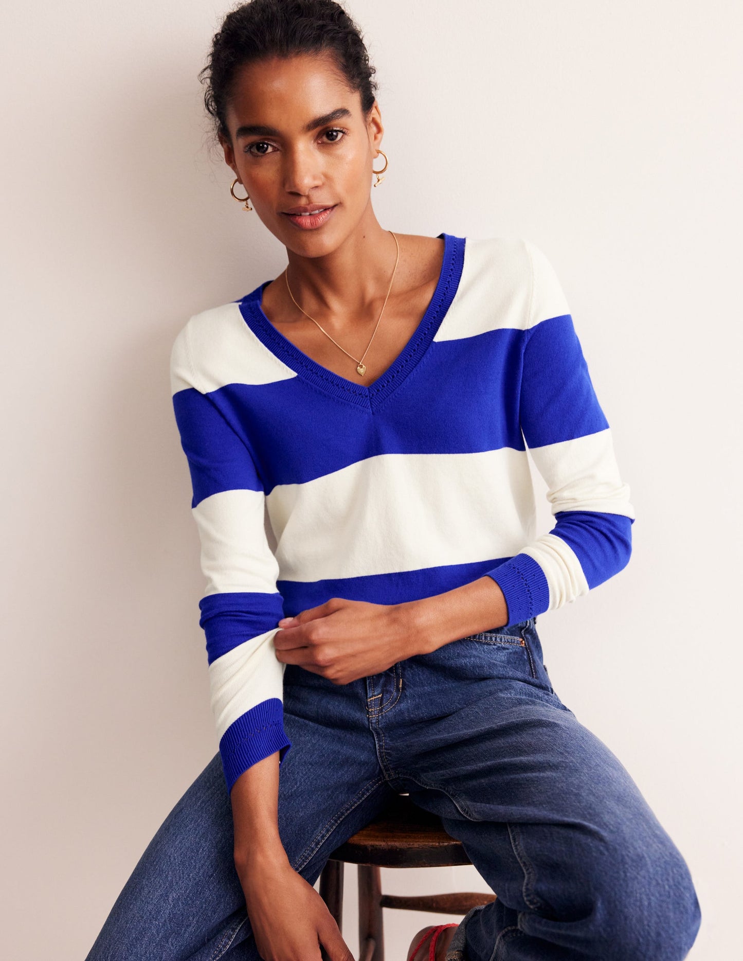 Catriona Cotton V-Neck Jumper-Bright Blue Stripe