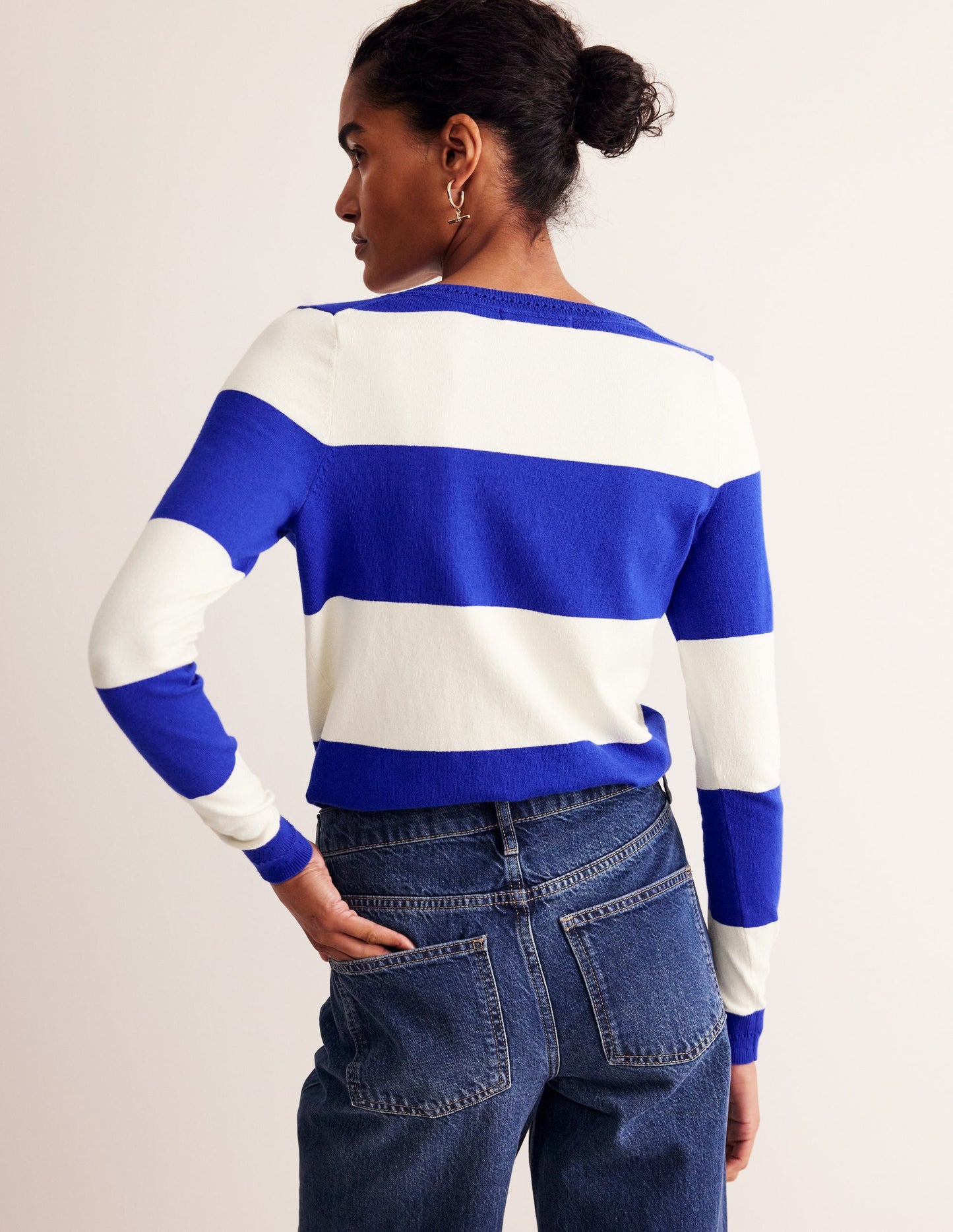 Catriona Cotton V-Neck Jumper-Bright Blue Stripe