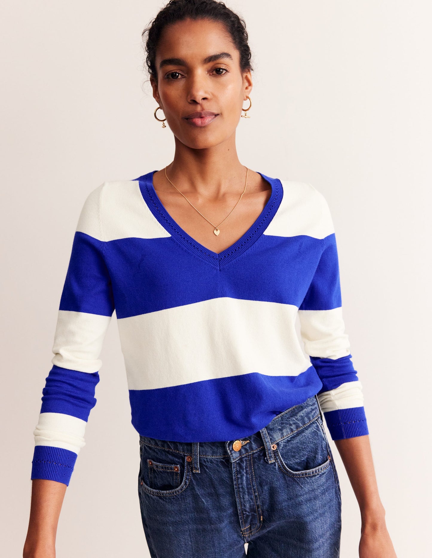 Catriona Cotton V-Neck Jumper-Bright Blue Stripe