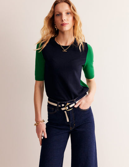 Catriona Cotton Crew T-Shirt-Navy/ Rich Emerald-4