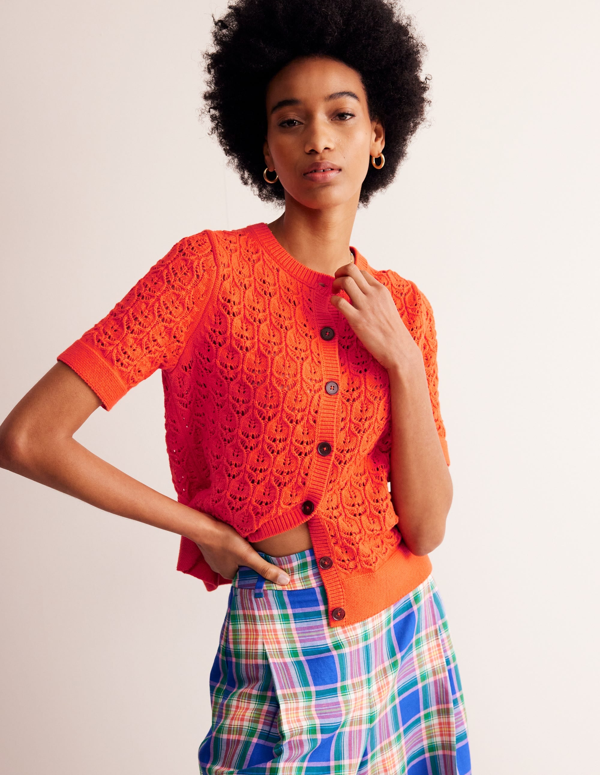 Short Sleeve Crochet Cardigan-Gladioli Orange - Image 1
