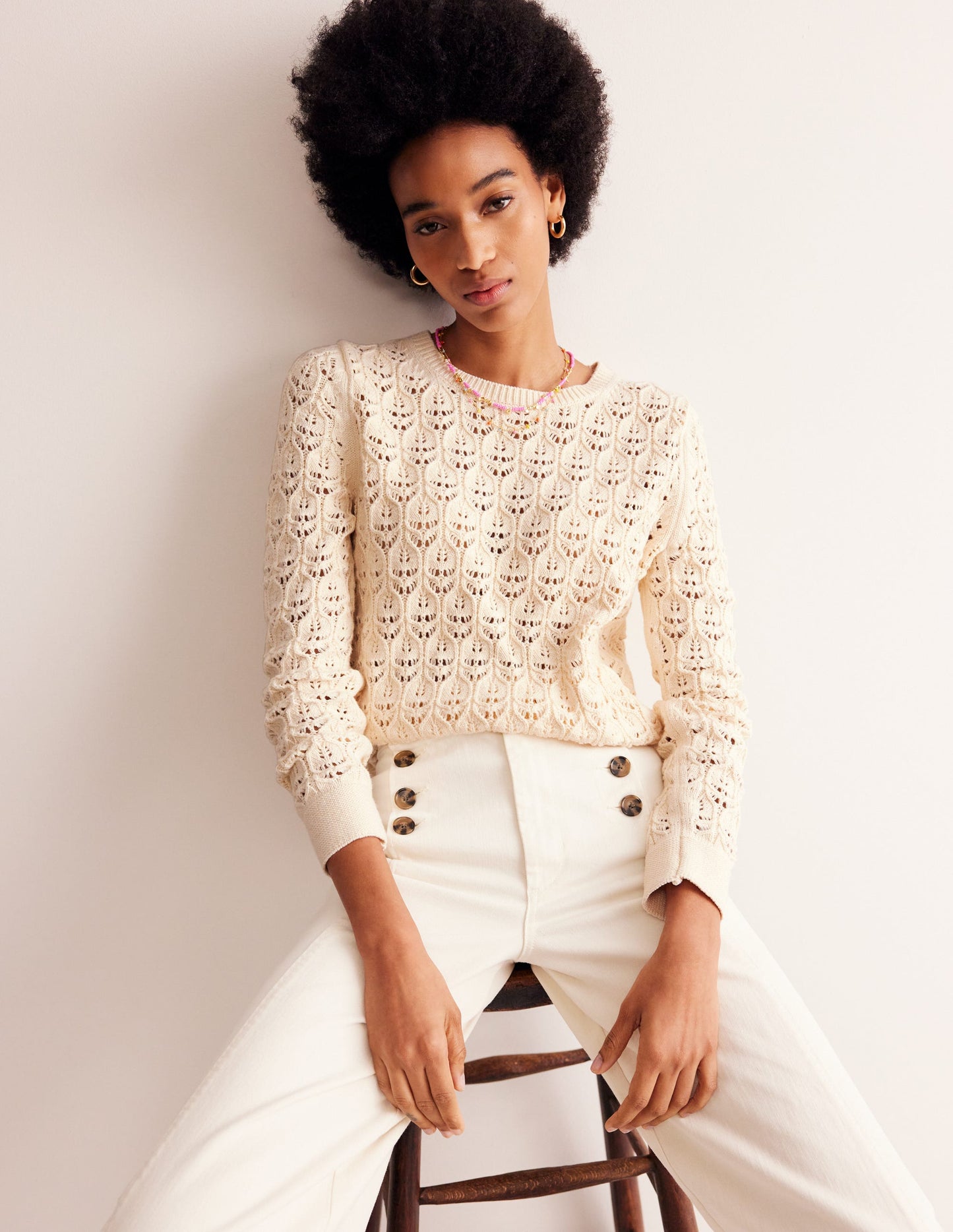 Crochet Knit Jumper-Warm Ivory