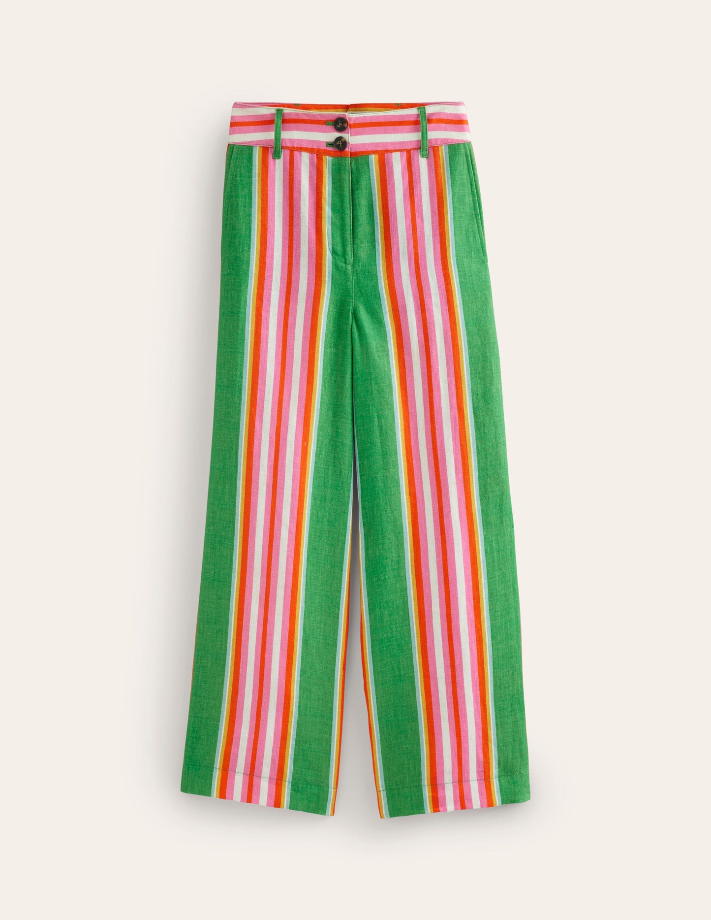 Westbourne Linen Crop Trousers-Green Tambourine, Pink Stripe