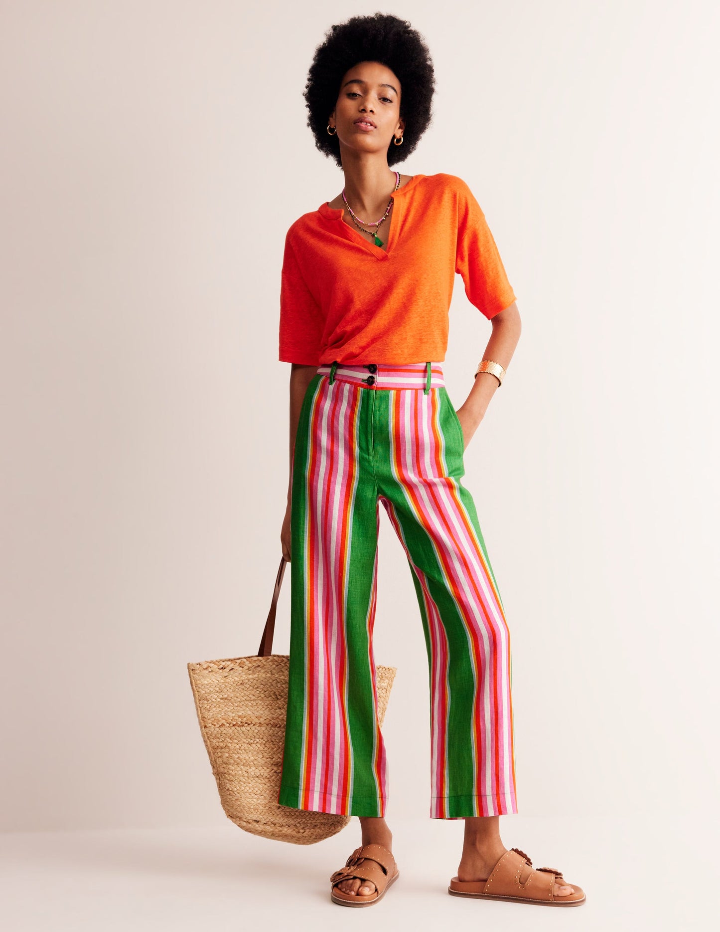 Westbourne Linen Crop Trousers-Green Tambourine, Pink Stripe