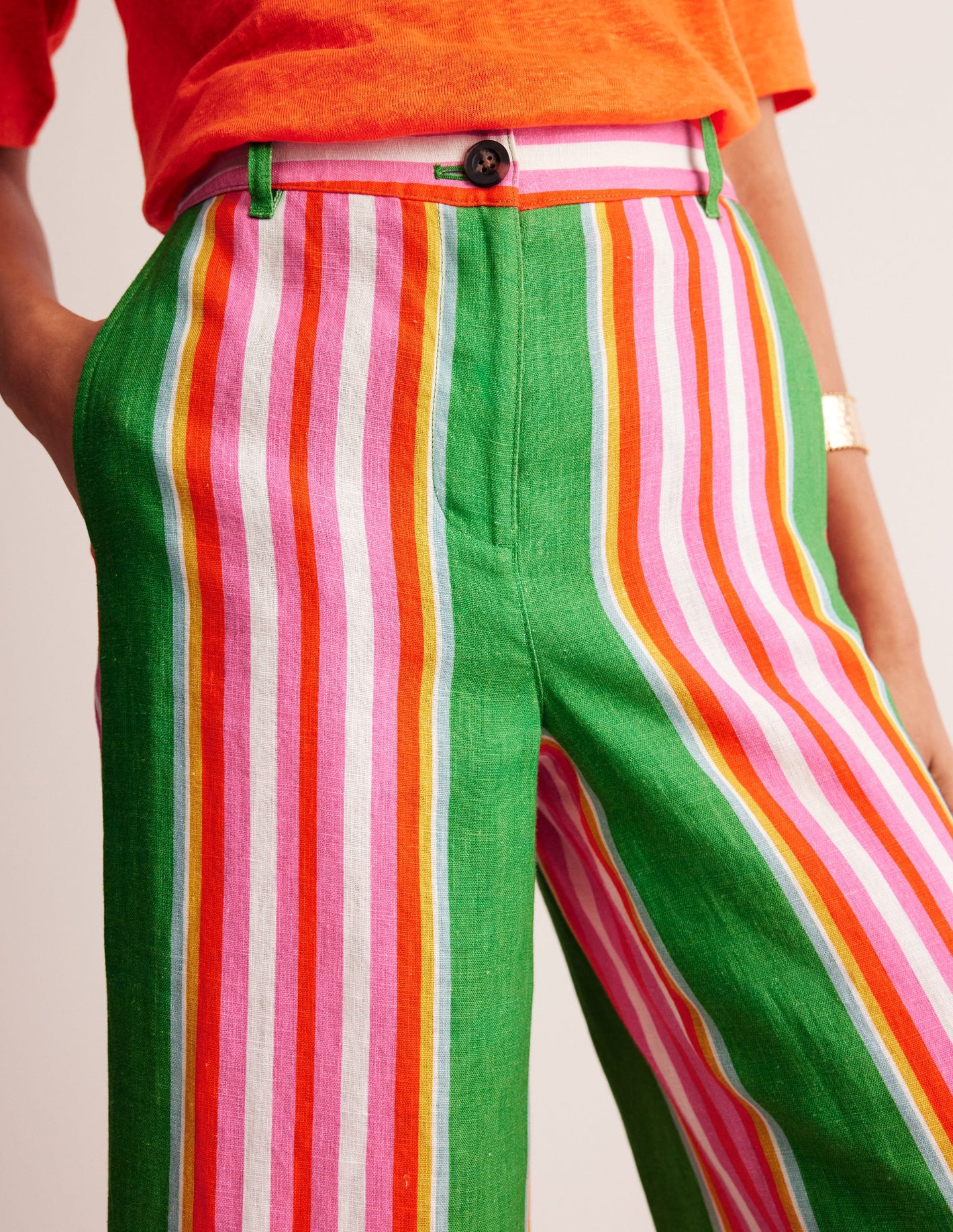 Westbourne Linen Crop Trousers-Green Tambourine, Pink Stripe