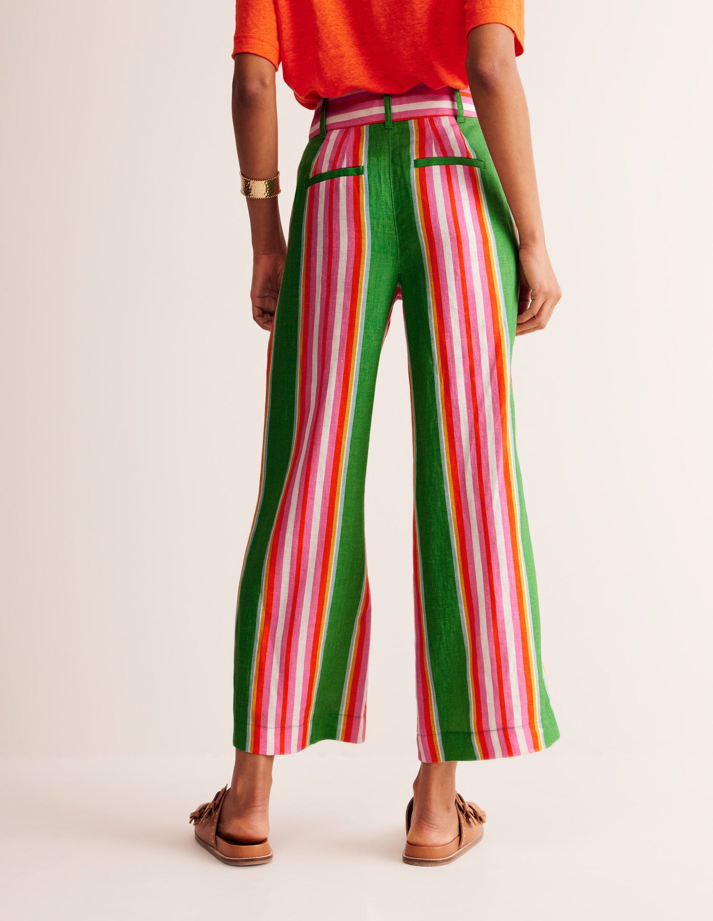 Westbourne Linen Crop Trousers-Green Tambourine, Pink Stripe