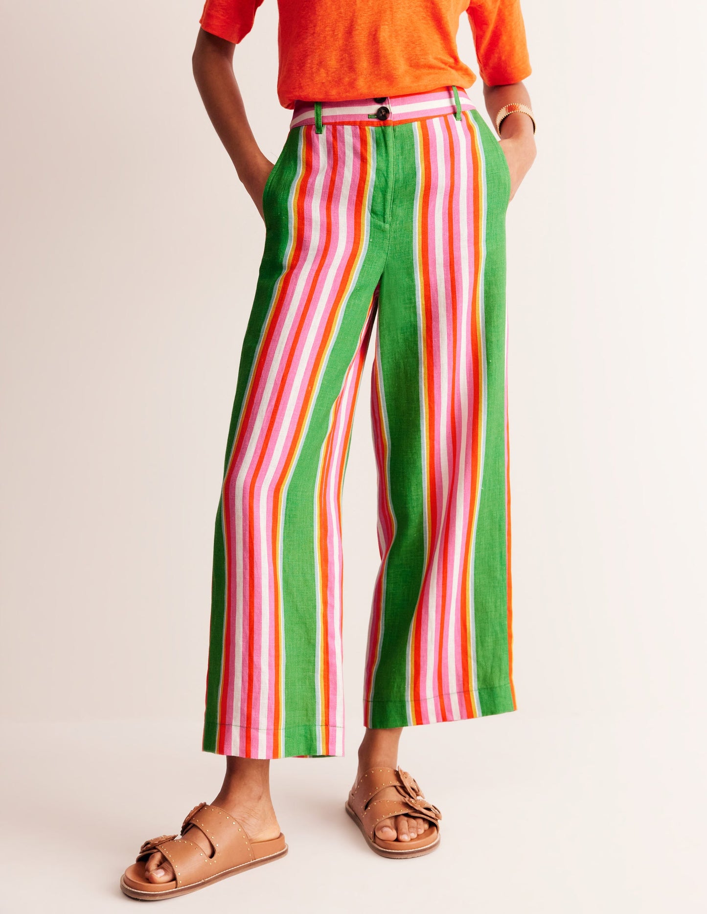 Westbourne Linen Crop Trousers-Green Tambourine, Pink Stripe