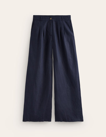 Regent Pleat Linen Trousers-Navy-8