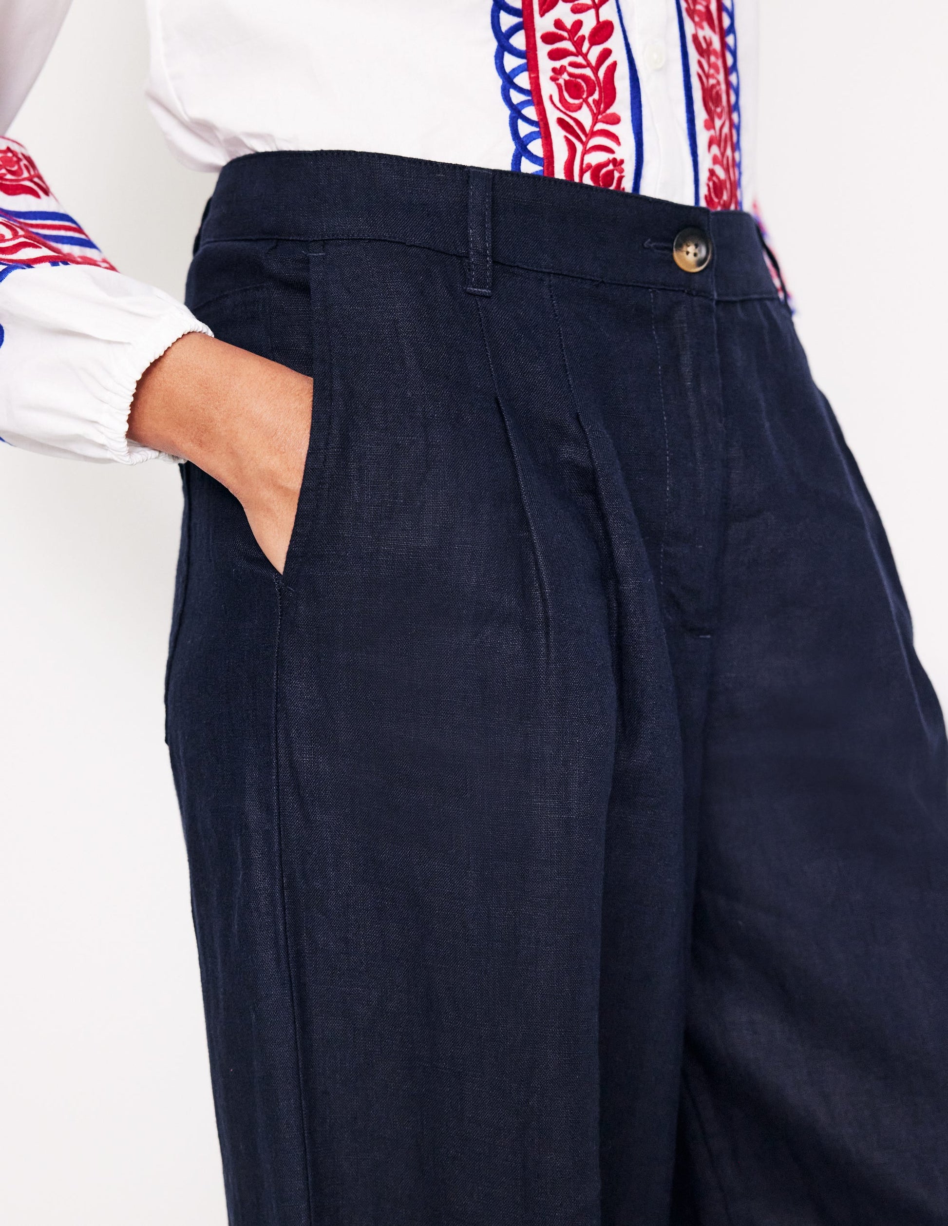 Regent Pleat Linen Trousers-Navy-2