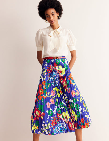 Pleated Midi Skirt-Blue, Wildflower Cluster-1