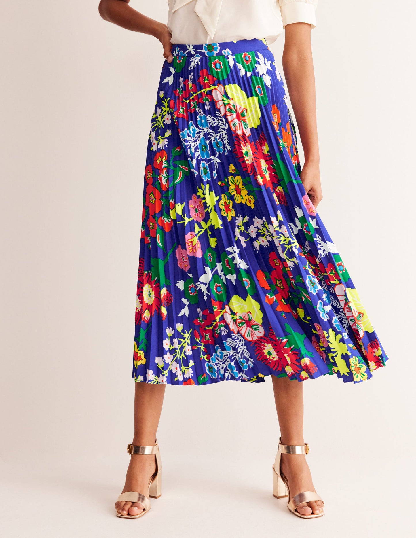 Pleated Midi Skirt-Blue, Wildflower Cluster
