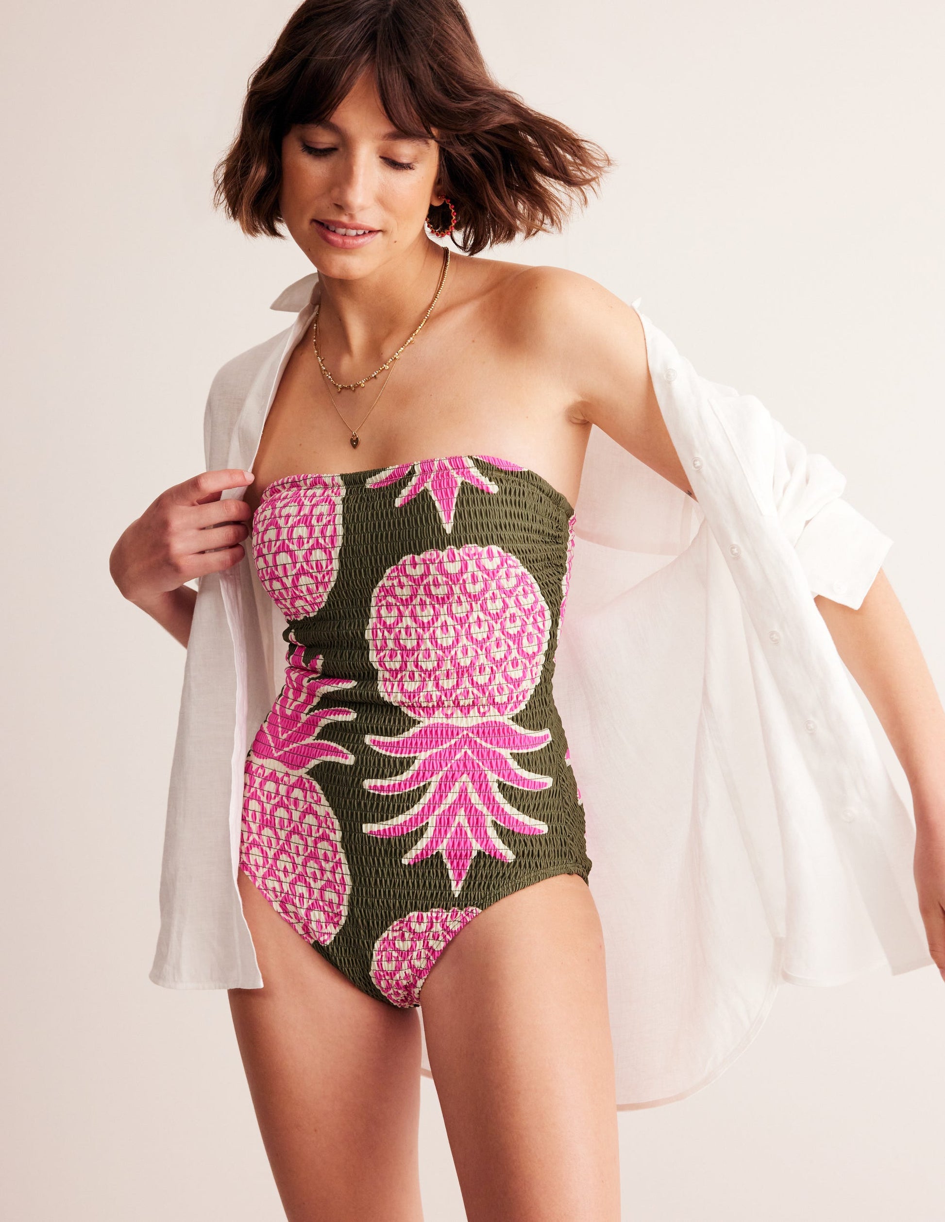 Milos Smocked Bandeau Swimsuit-Winter Moss, Pineapple Pop-1