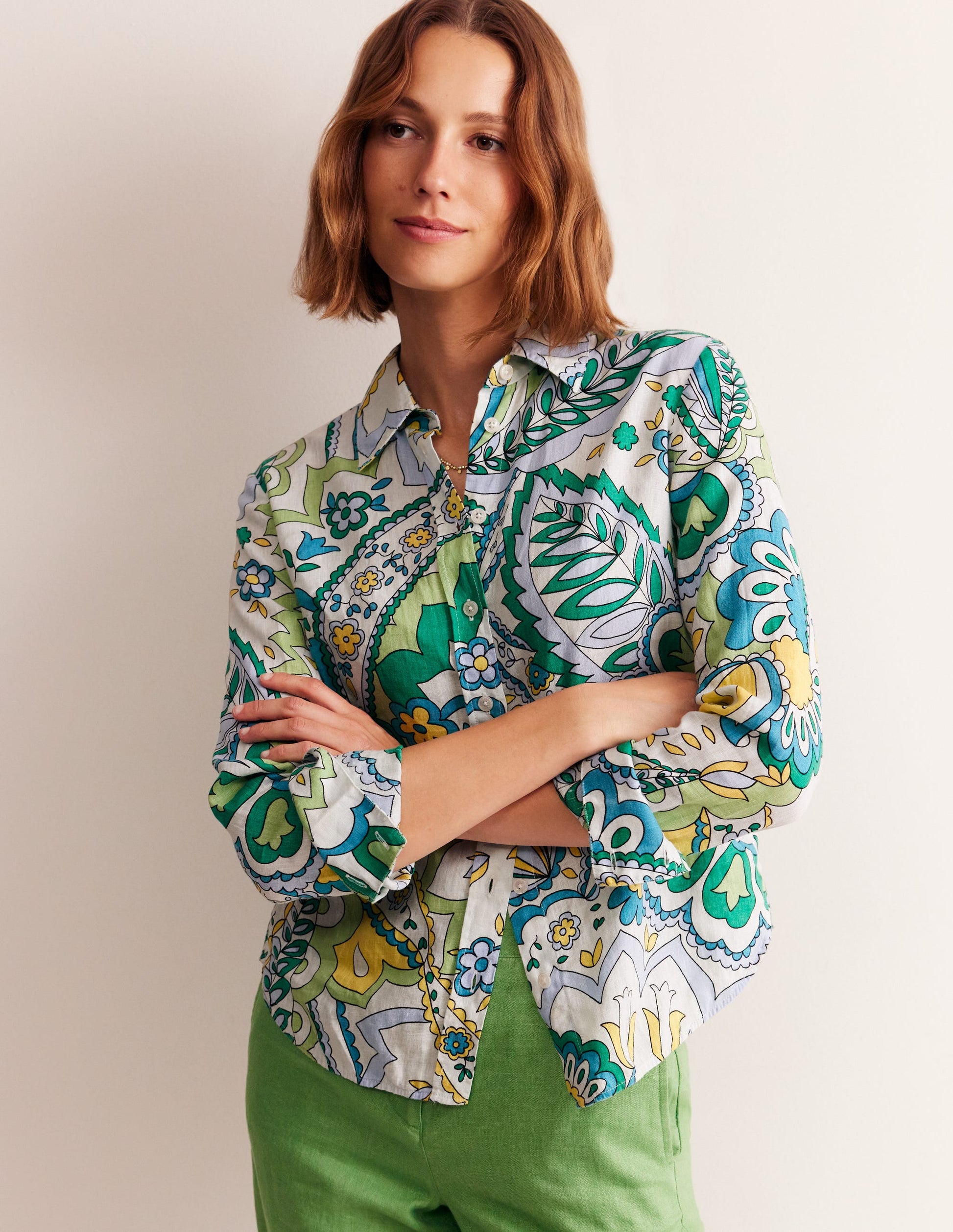 Sienna Linen Shirt-Emerald, Foliage Paisley-1
