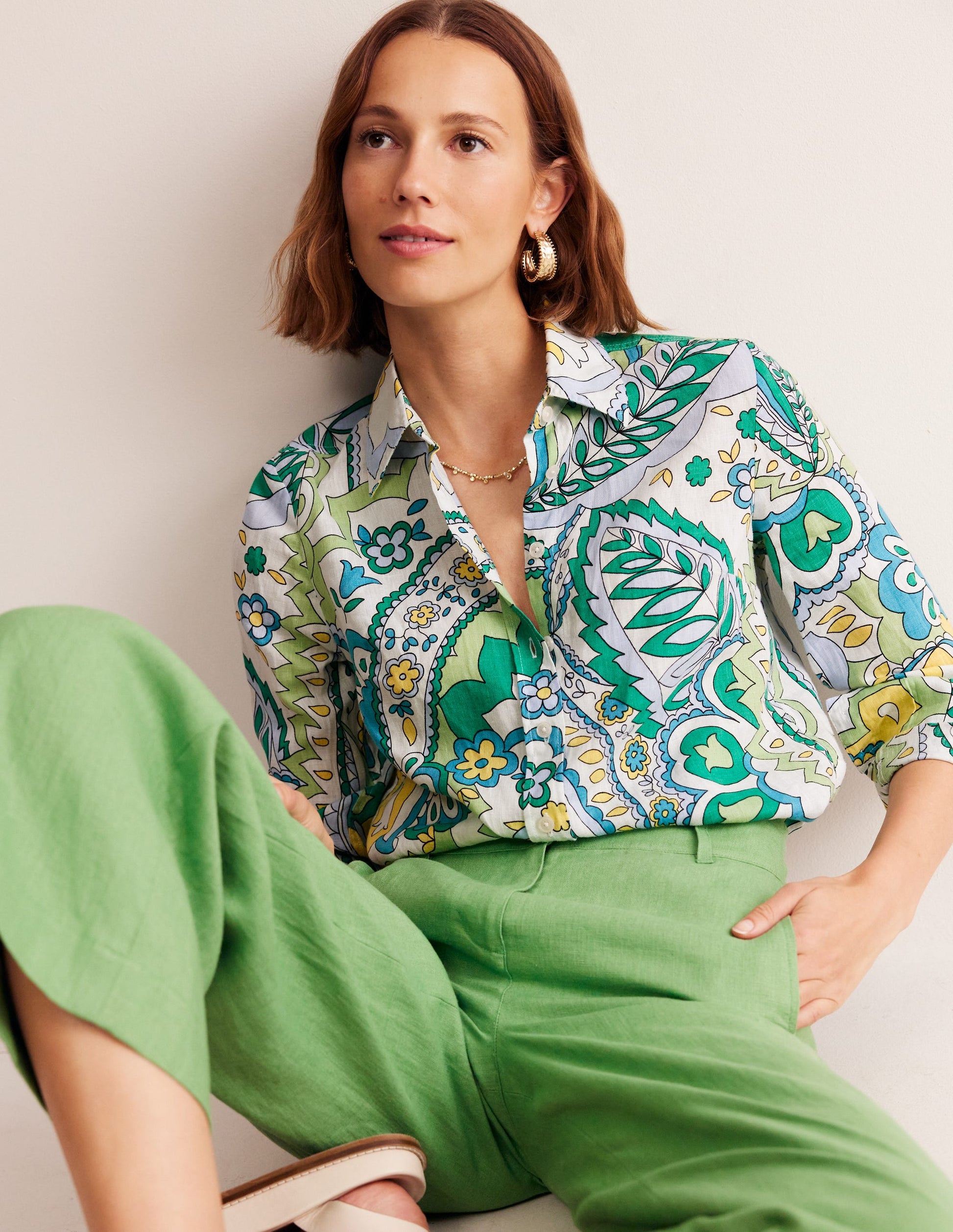 Sienna Linen Shirt-Emerald, Foliage Paisley-4
