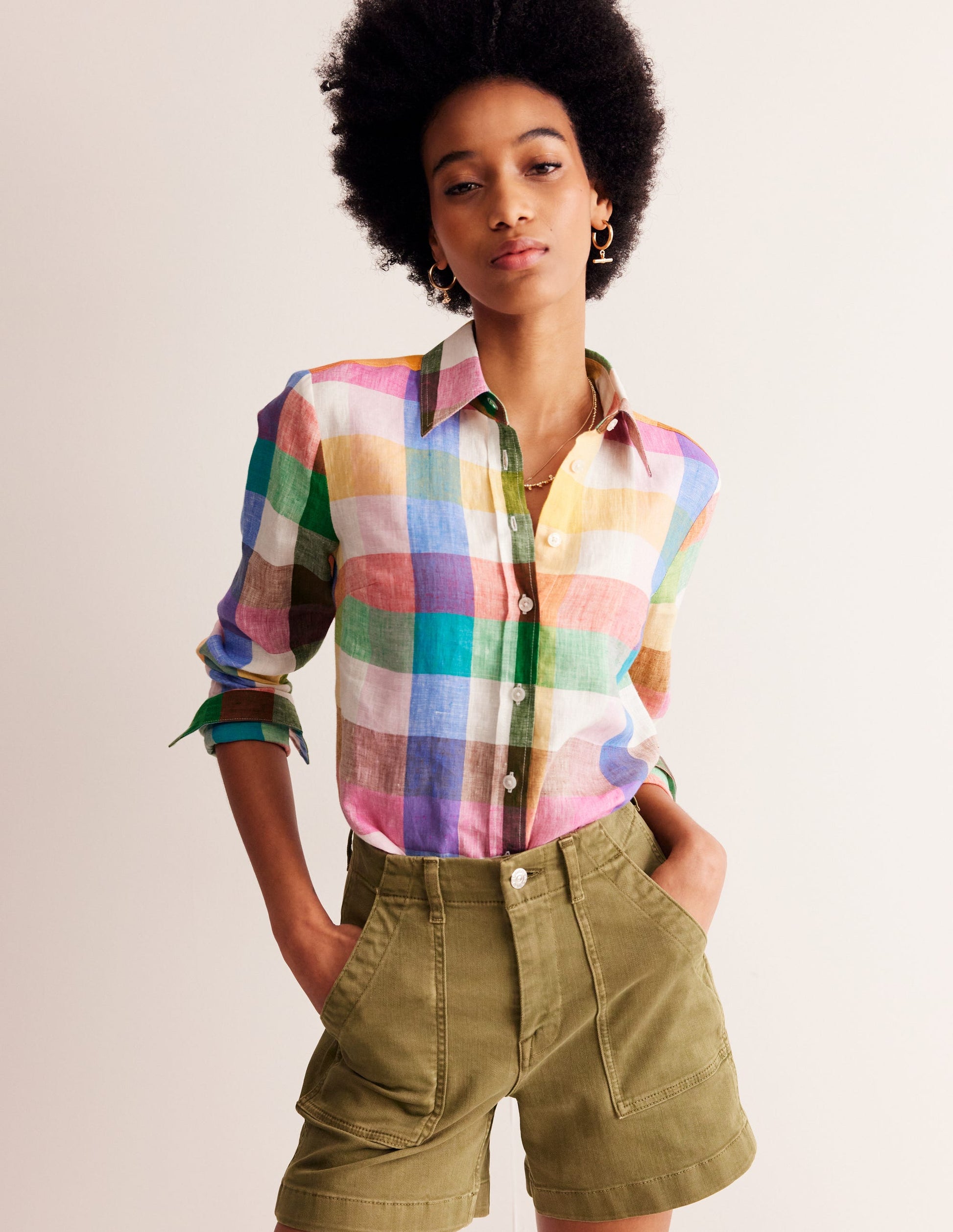 Sienna Linen Shirt-Bright Neon, Multi Gingham-4