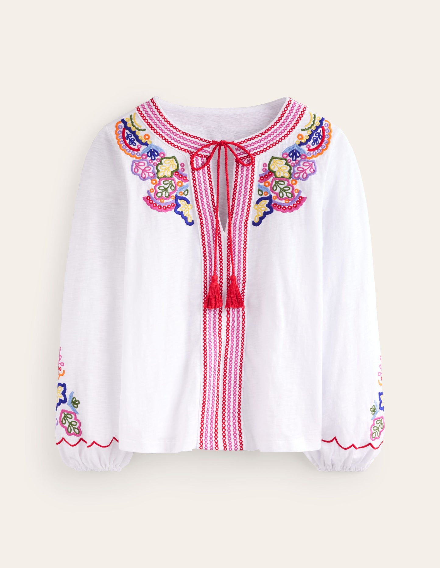 Diana Embroidered Tie Neck Top-White Embroidery
