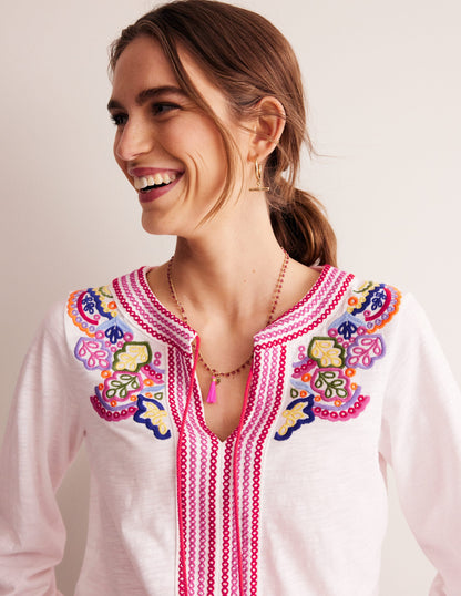 Diana Embroidered Tie Neck Top-White Embroidery-1