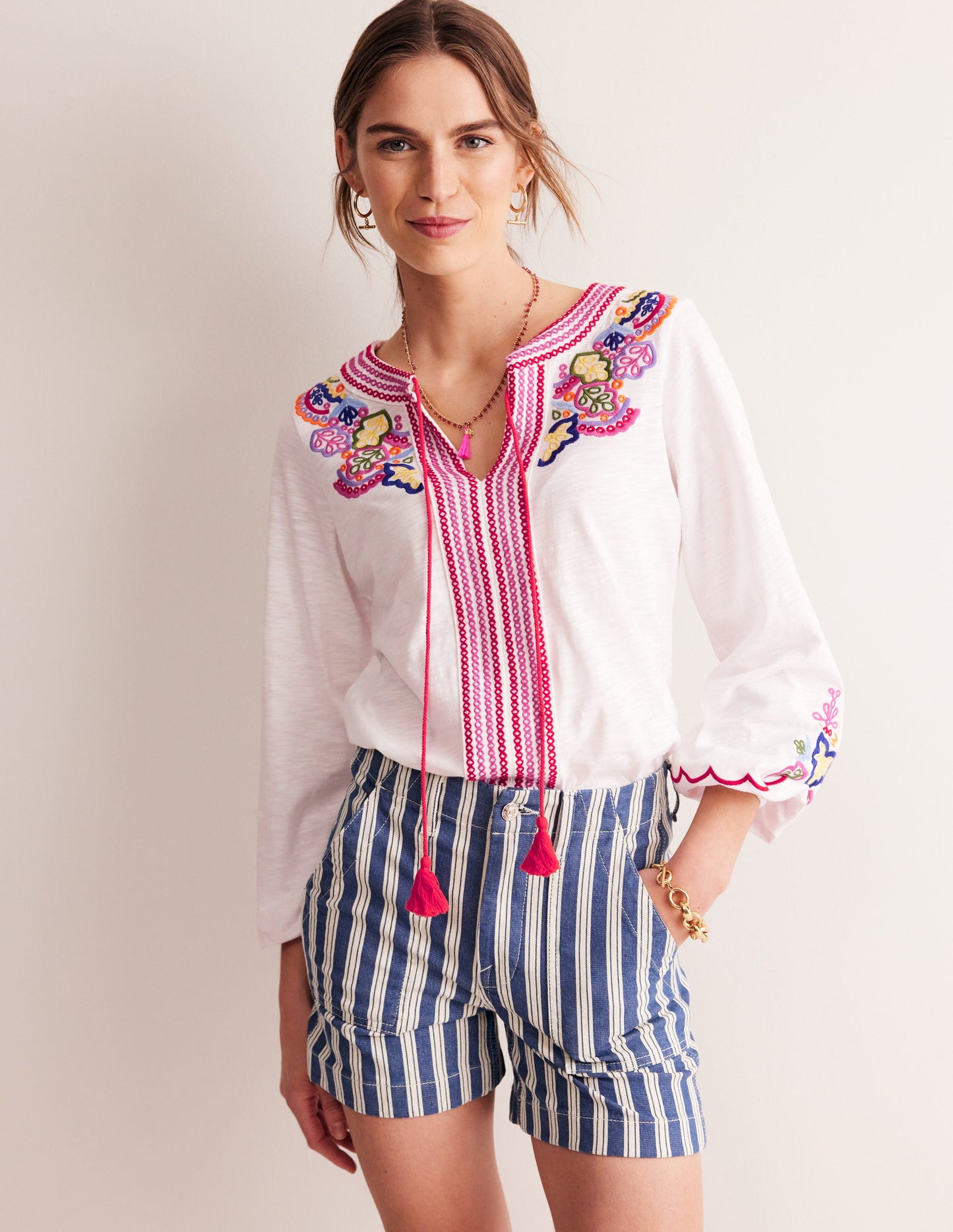 Diana Embroidered Tie Neck Top-White Embroidery