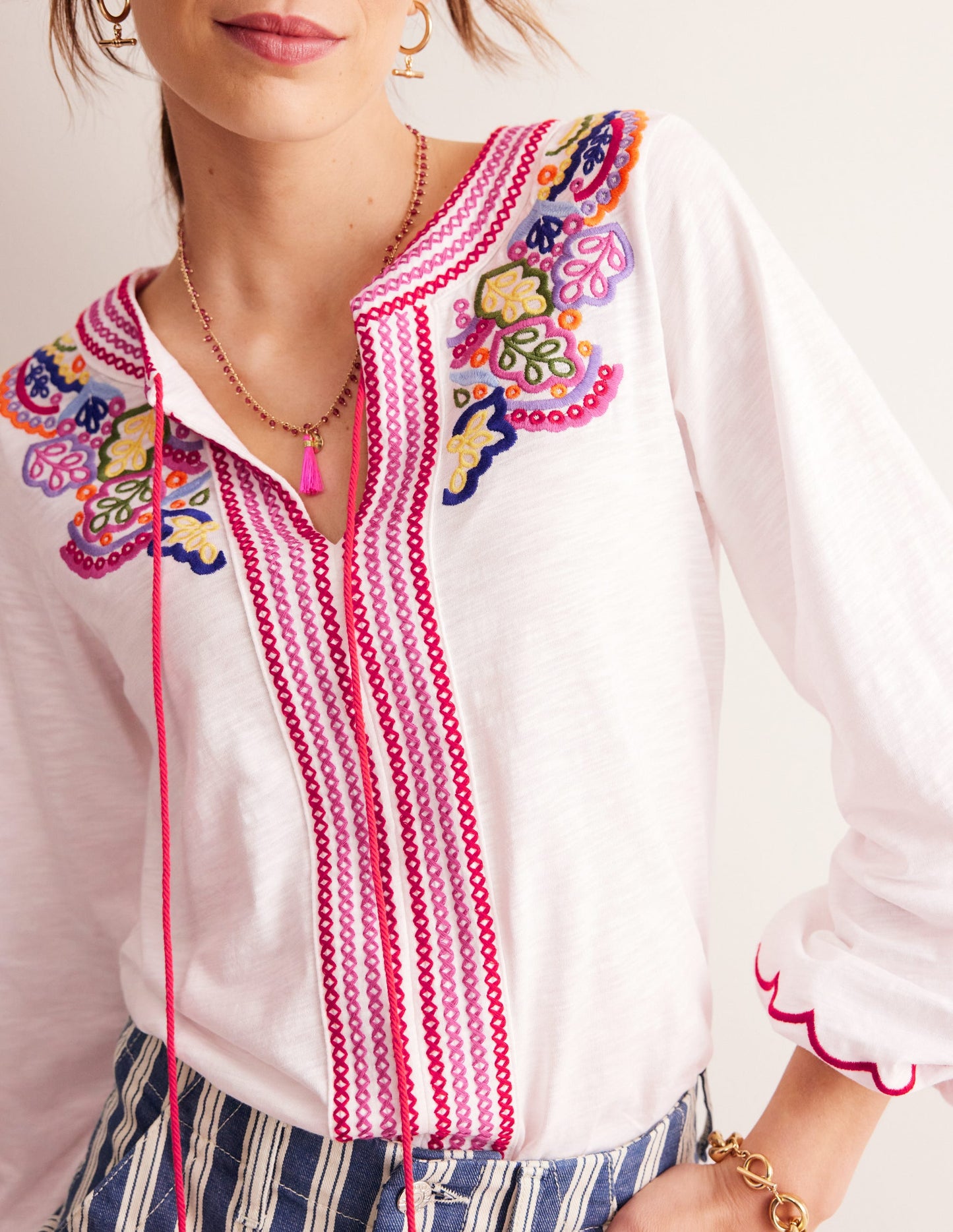 Diana Embroidered Tie Neck Top-White Embroidery