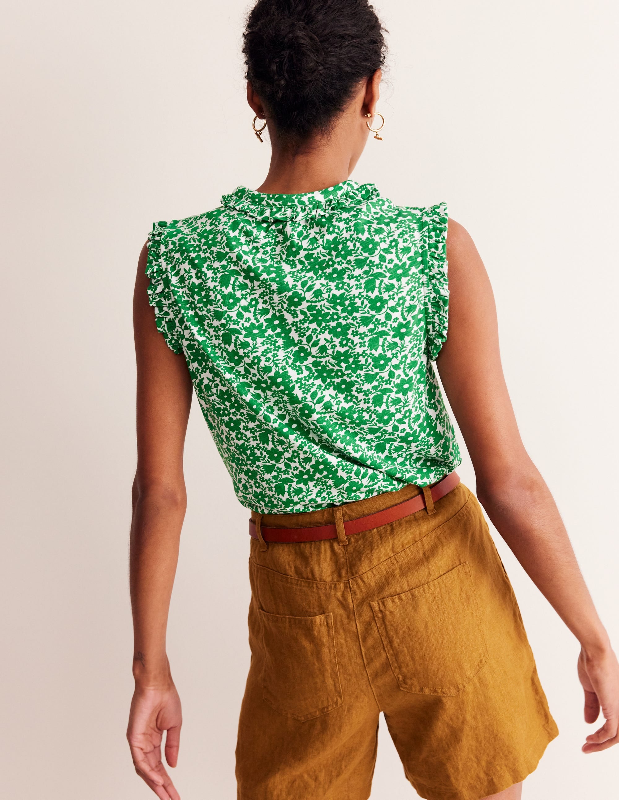 Olive Sleeveless Shirt-Green Tambourine, Tulip Garden - Image 3