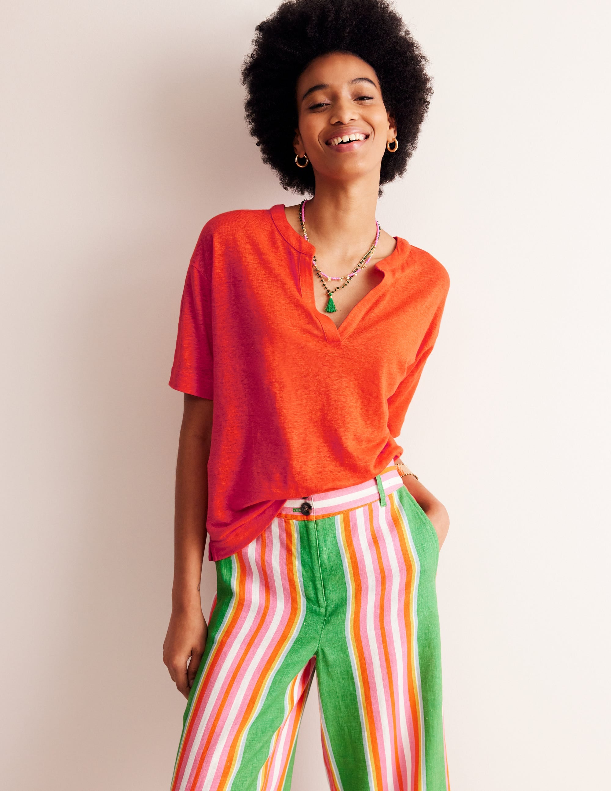 Notch Neck Linen Henley Top-Mandarin Orange - Image 1