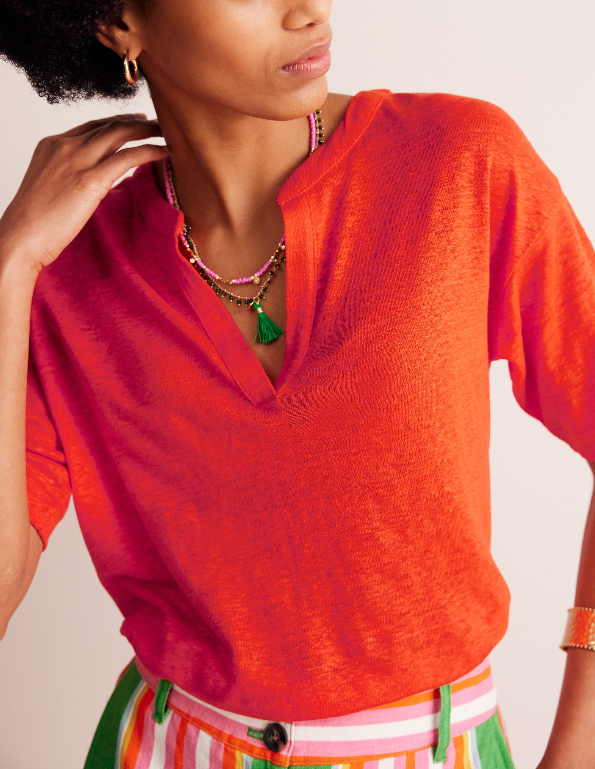 Notch Neck Linen Henley Top-Mandarin Orange - Image 2