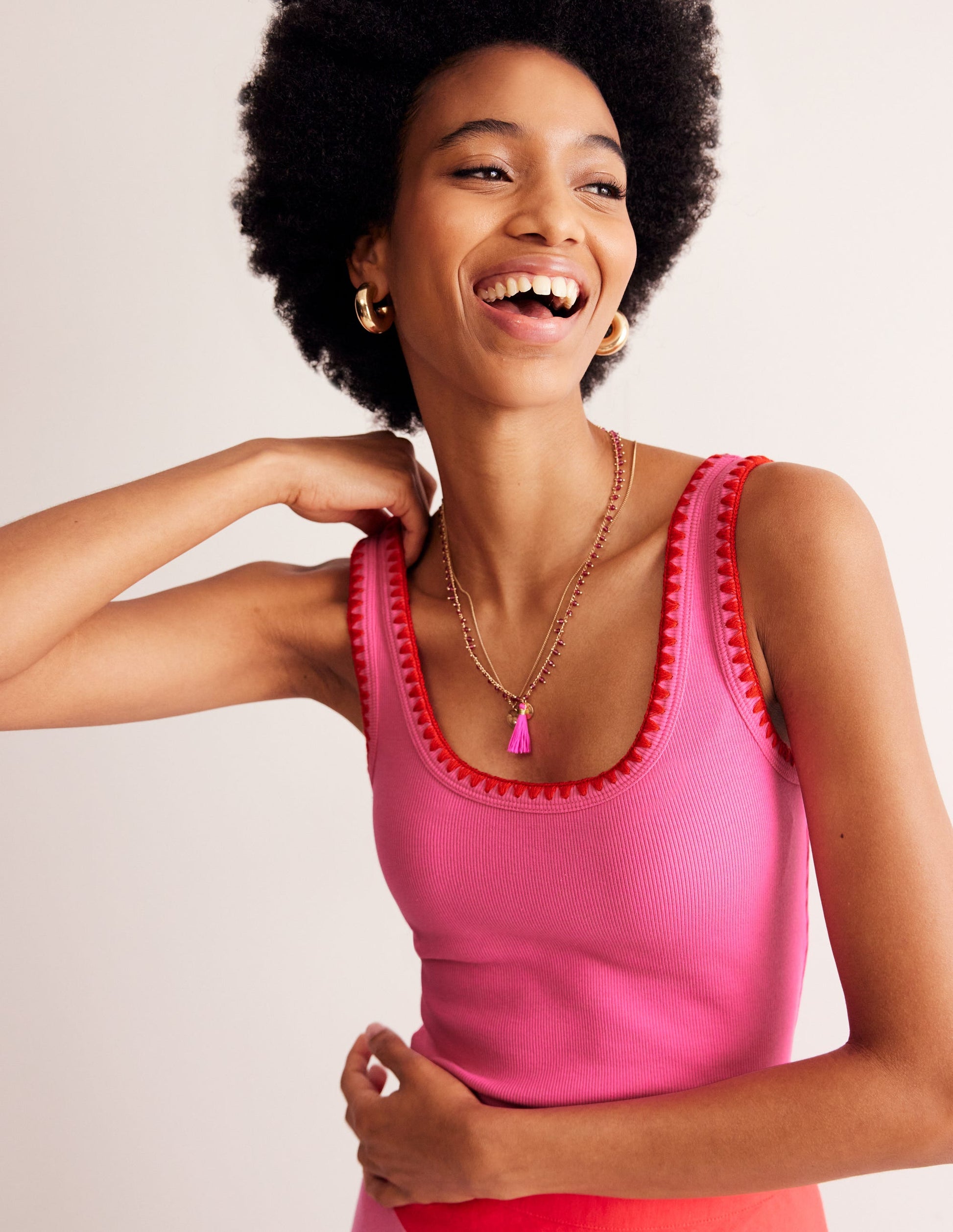 Crochet Trim Scoop Neck Vest-Pink-1