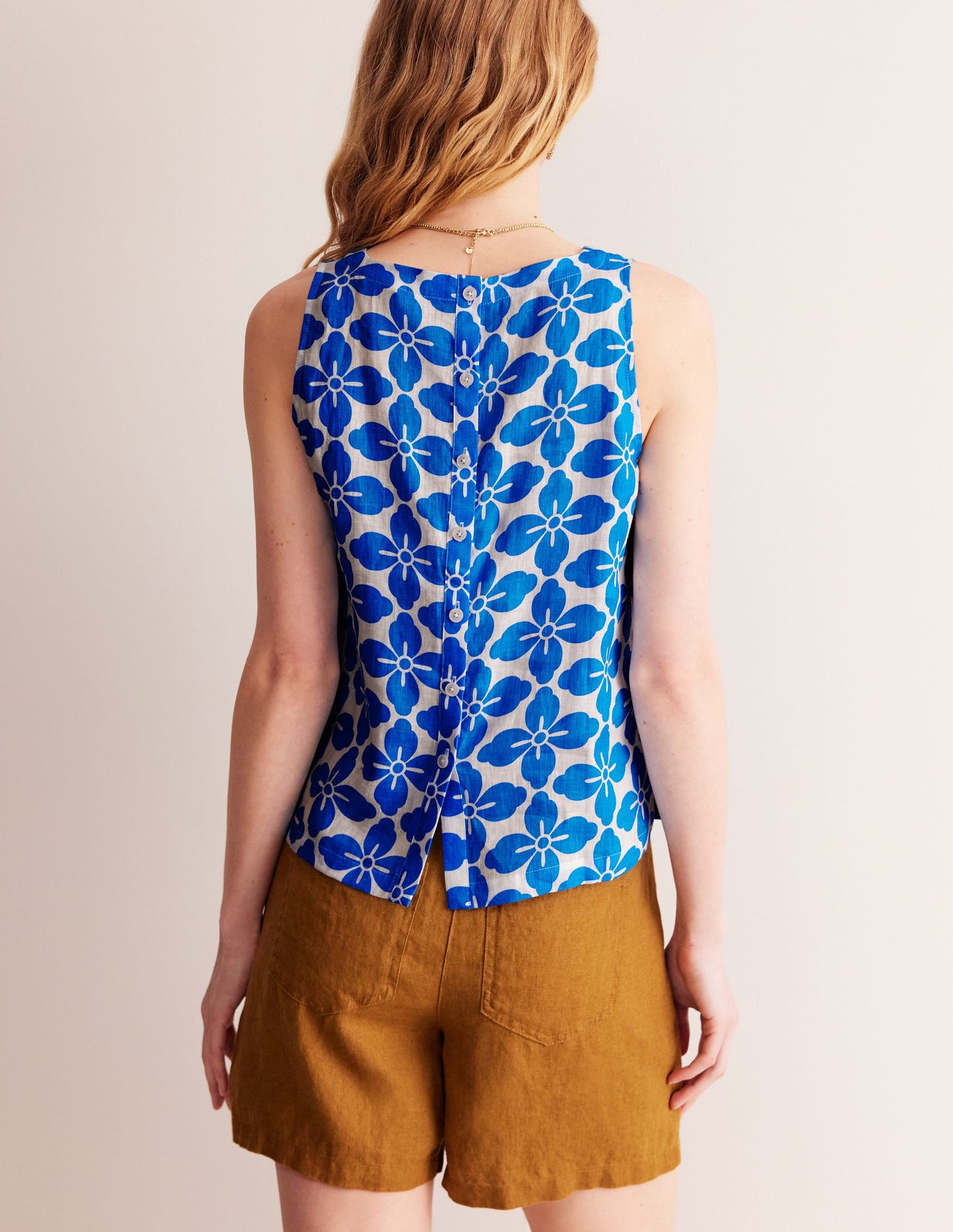 Linen Sleeveless Shell Top-Cerulean Blue, Floral Tile