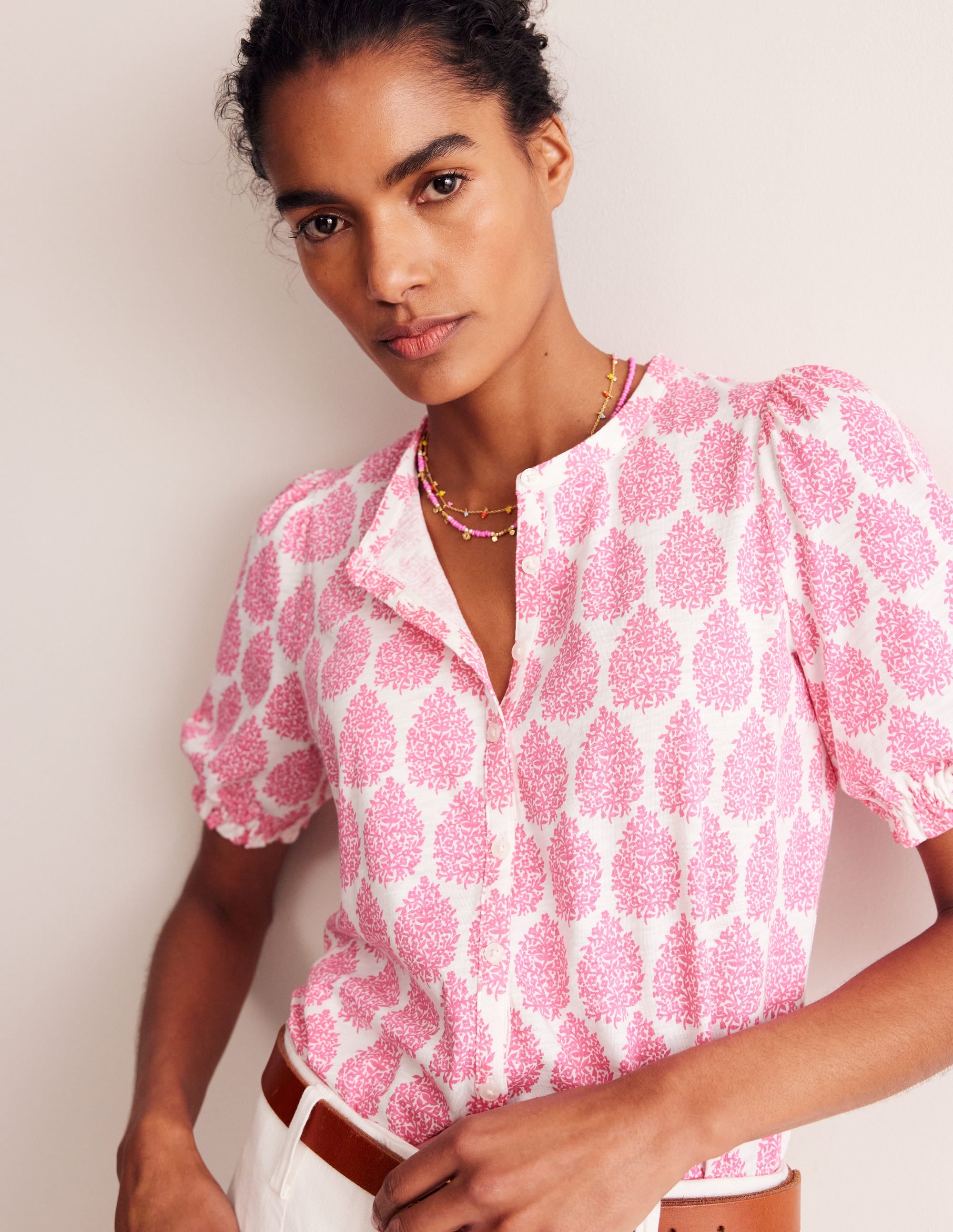 Dolly Puff Sleeve Jersey Shirt-Sangria Sunset, Floret Paisley - Image 1