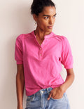 Pintuck Puff Sleeve Henley-Party Pink