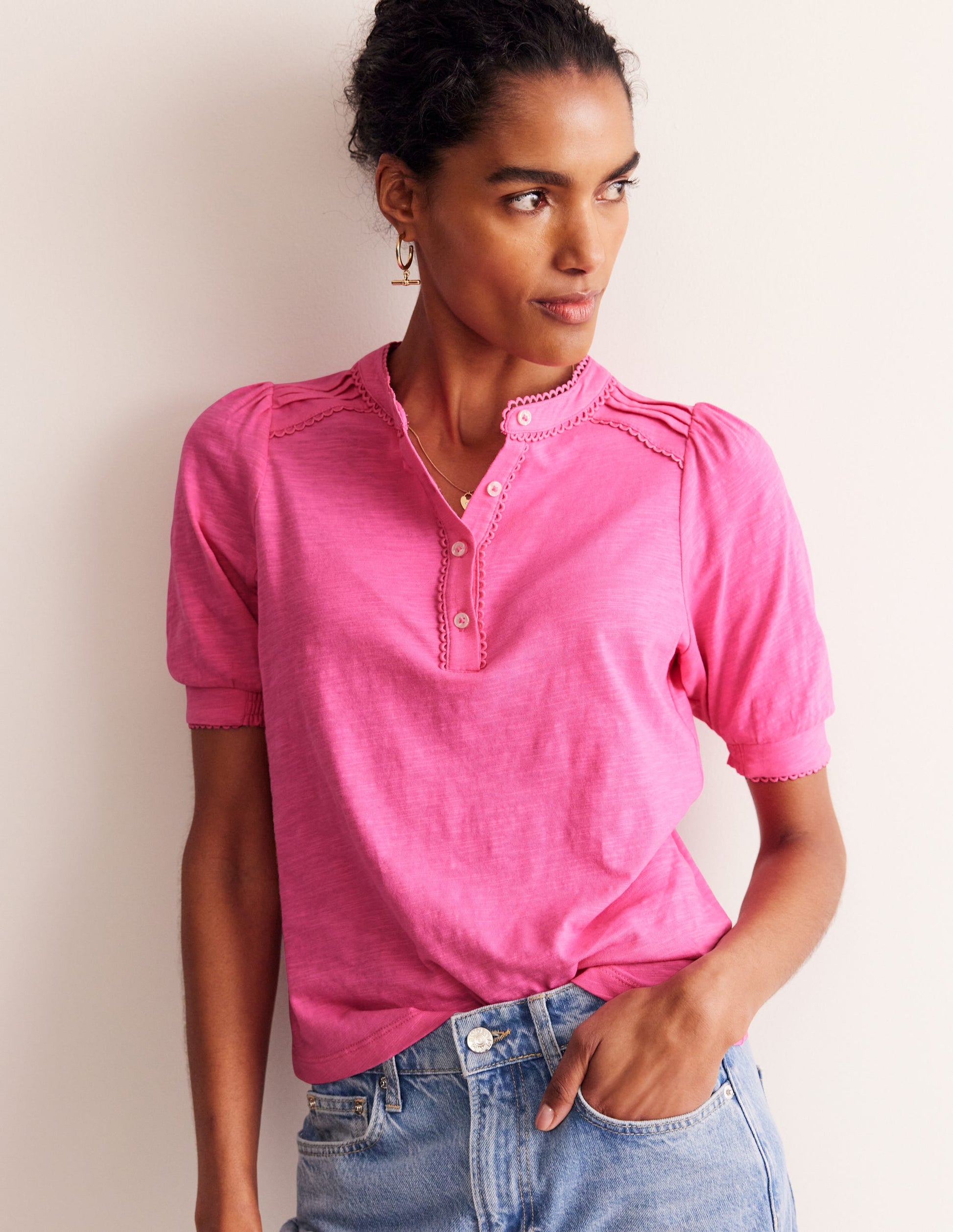 Pintuck Puff Sleeve Henley-Party Pink-1
