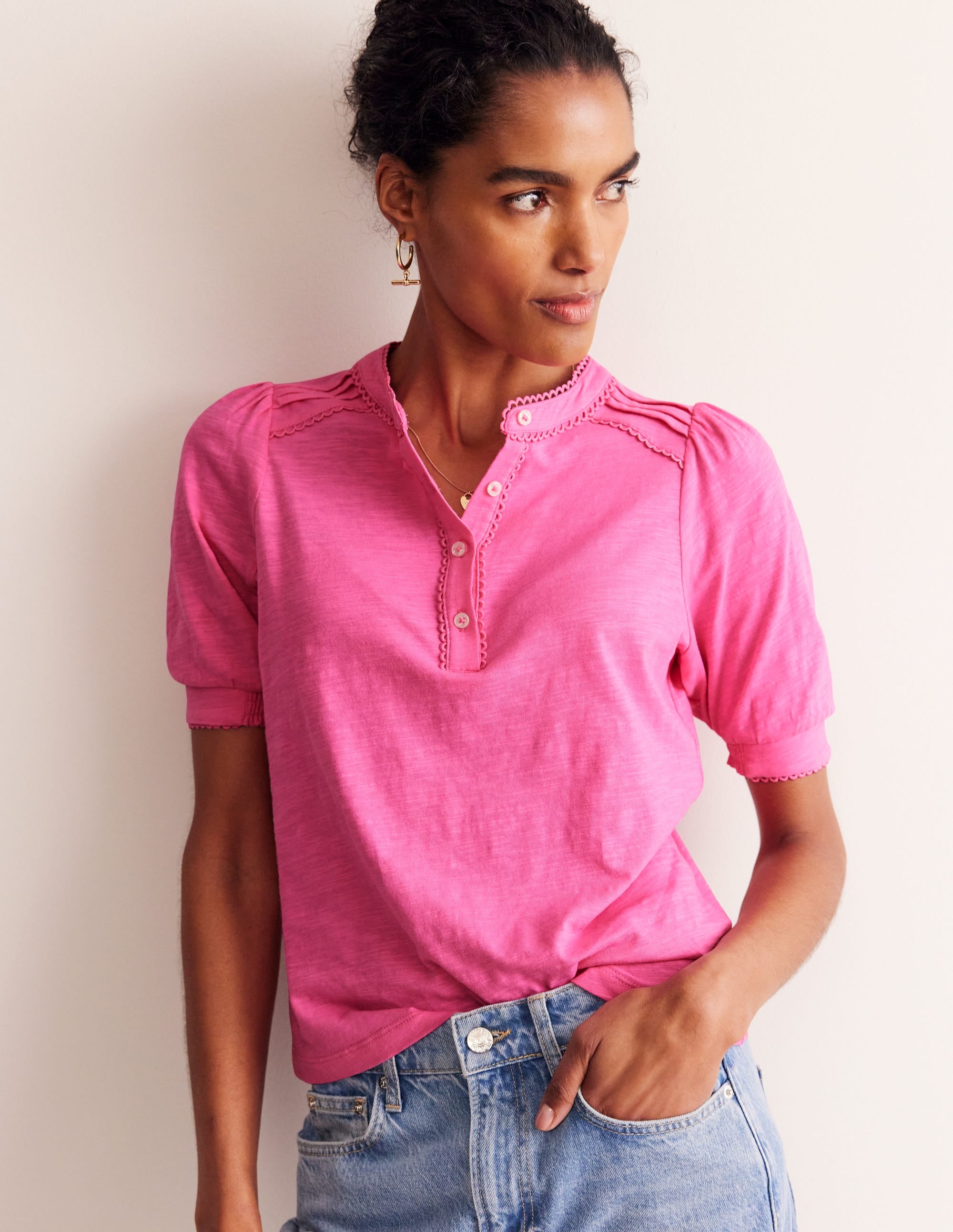Pintuck Puff Sleeve Henley-Party Pink - Image 1