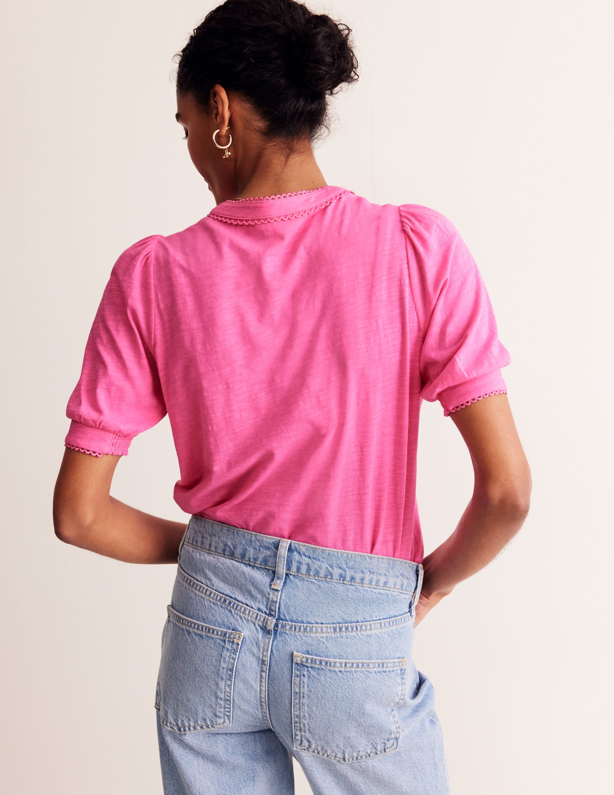 Pintuck Puff Sleeve Henley-Party Pink - Image 3