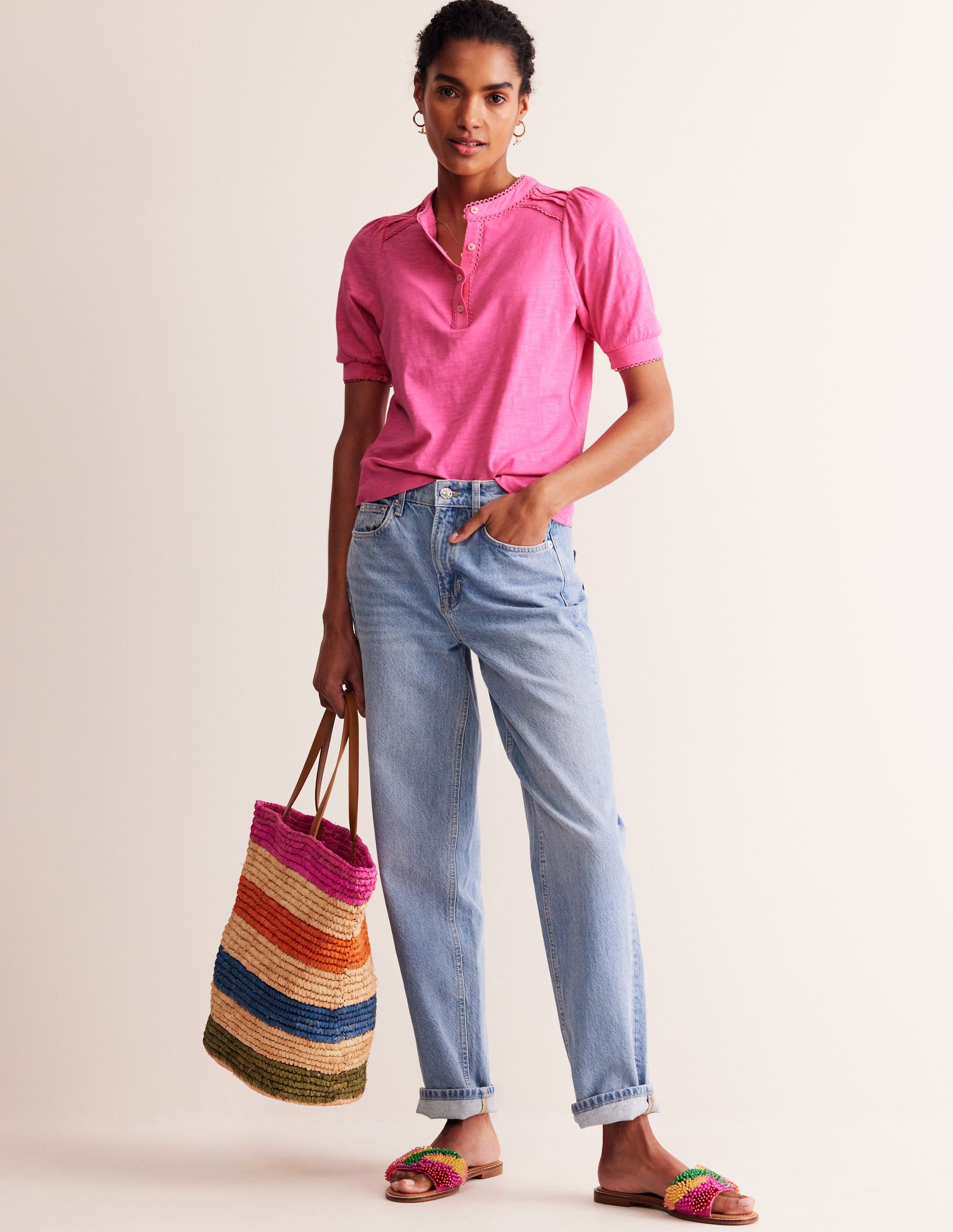 Pintuck Puff Sleeve Henley-Party Pink - Image 4