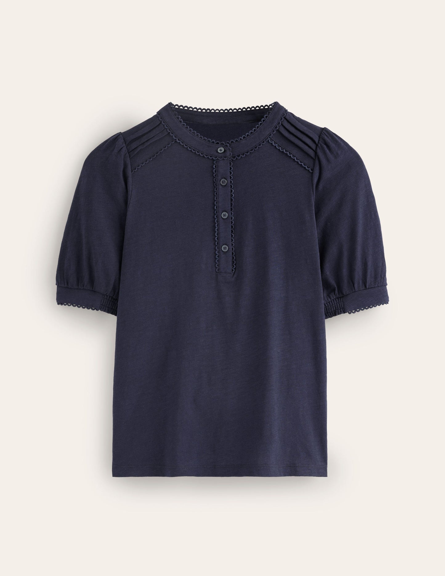 Pintuck Puff Sleeve Henley-Navy