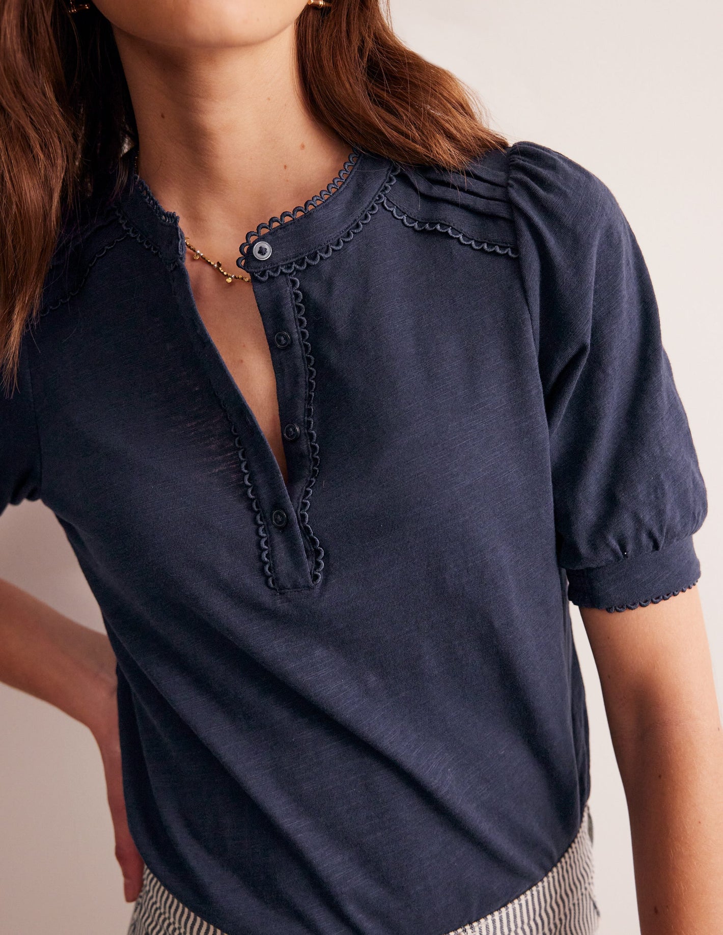 Pintuck Puff Sleeve Henley-Navy