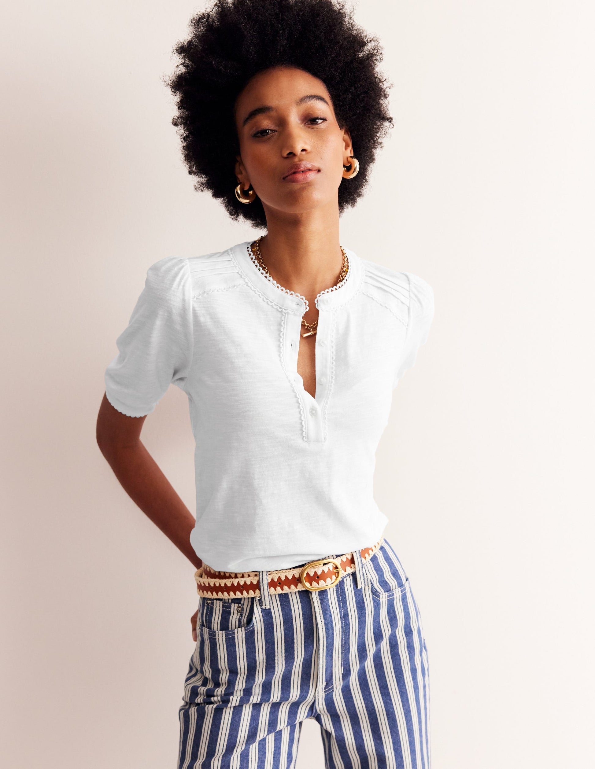 Pintuck Puff Sleeve Henley-White-1