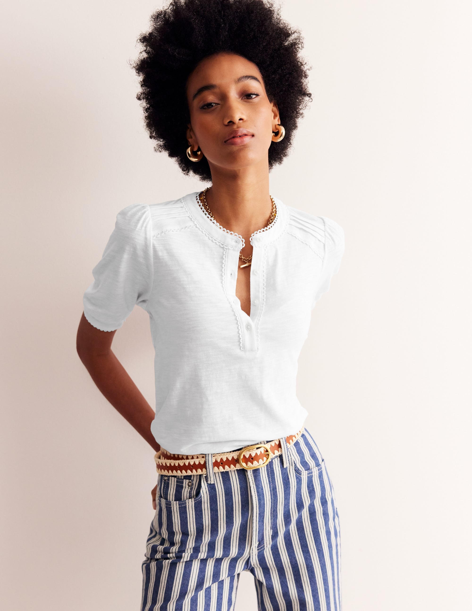 Pintuck Puff Sleeve Henley-White - Image 1