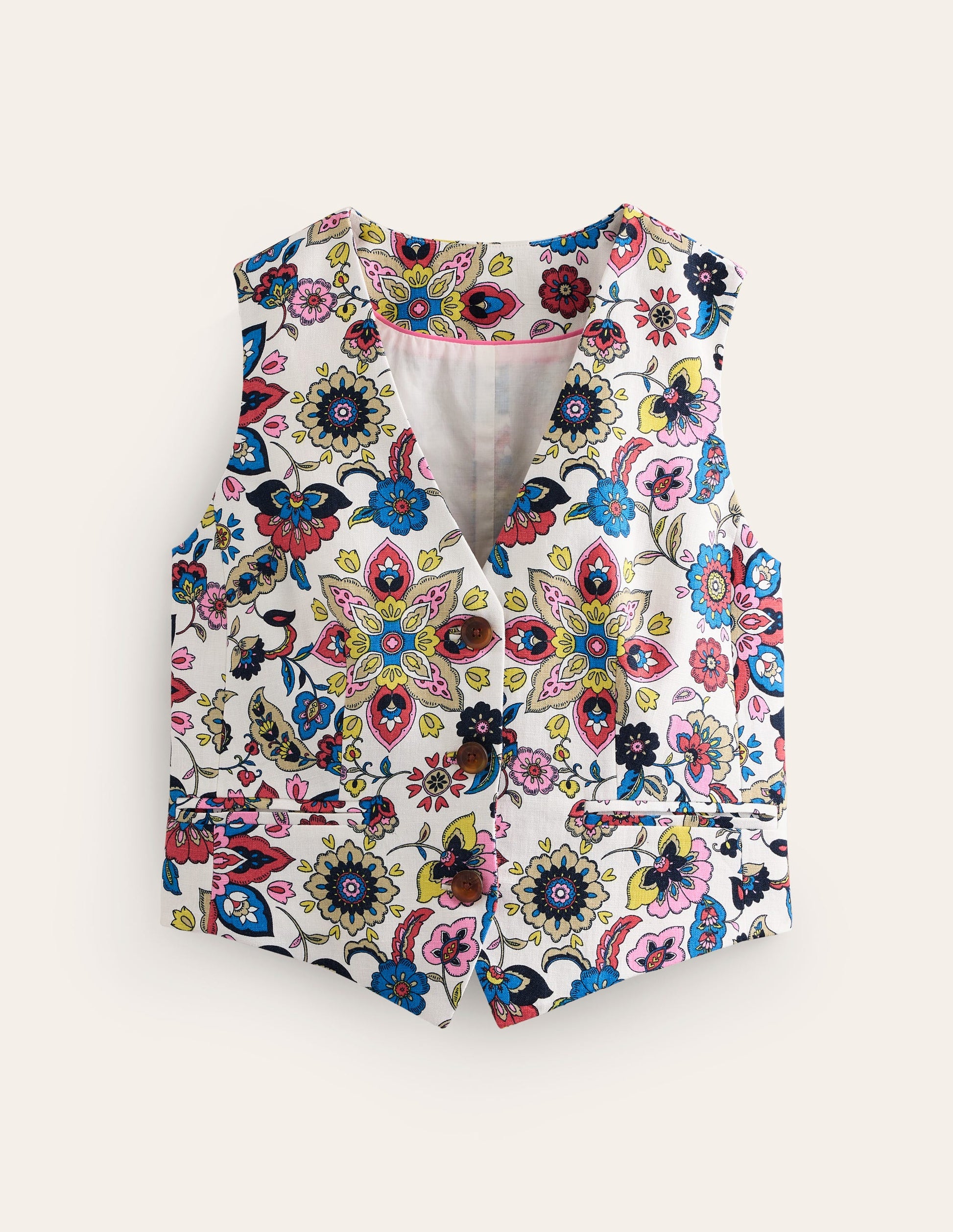 Linen V-Neck Waistcoat-Ivory, Botanic Sprig-6