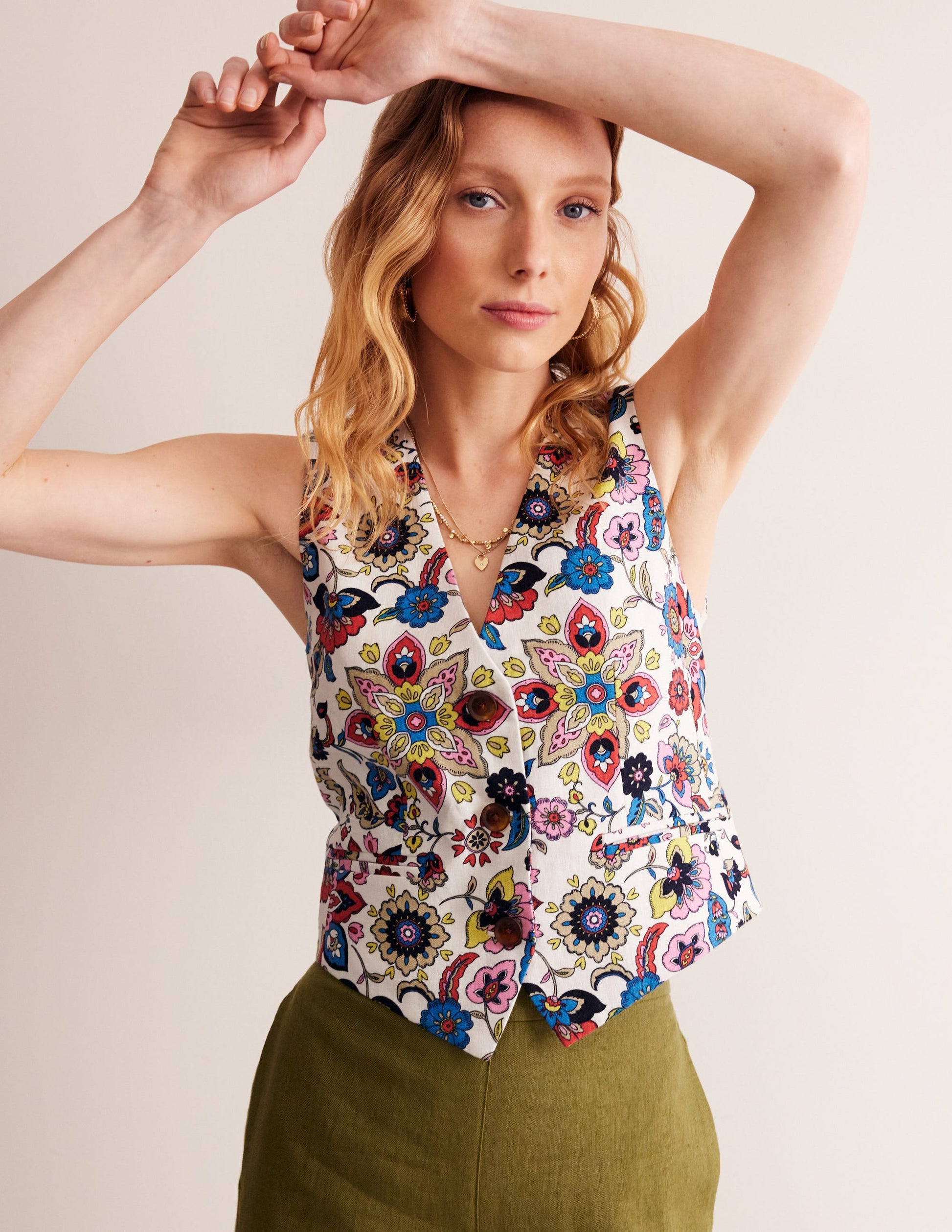 Linen V-Neck Waistcoat-Ivory, Botanic Sprig-1